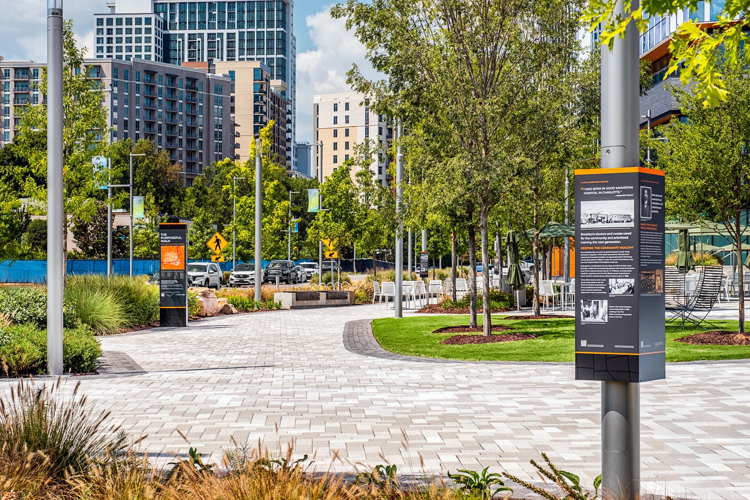 Landscape architecture photography of The Pearl in Charlotte, North Carolina, commissioned by Kimley-Horn and photographed by Paul Lange of Lange Photo Studio. The project features landscaped public spaces, a terraced central plaza, and the Purposefu