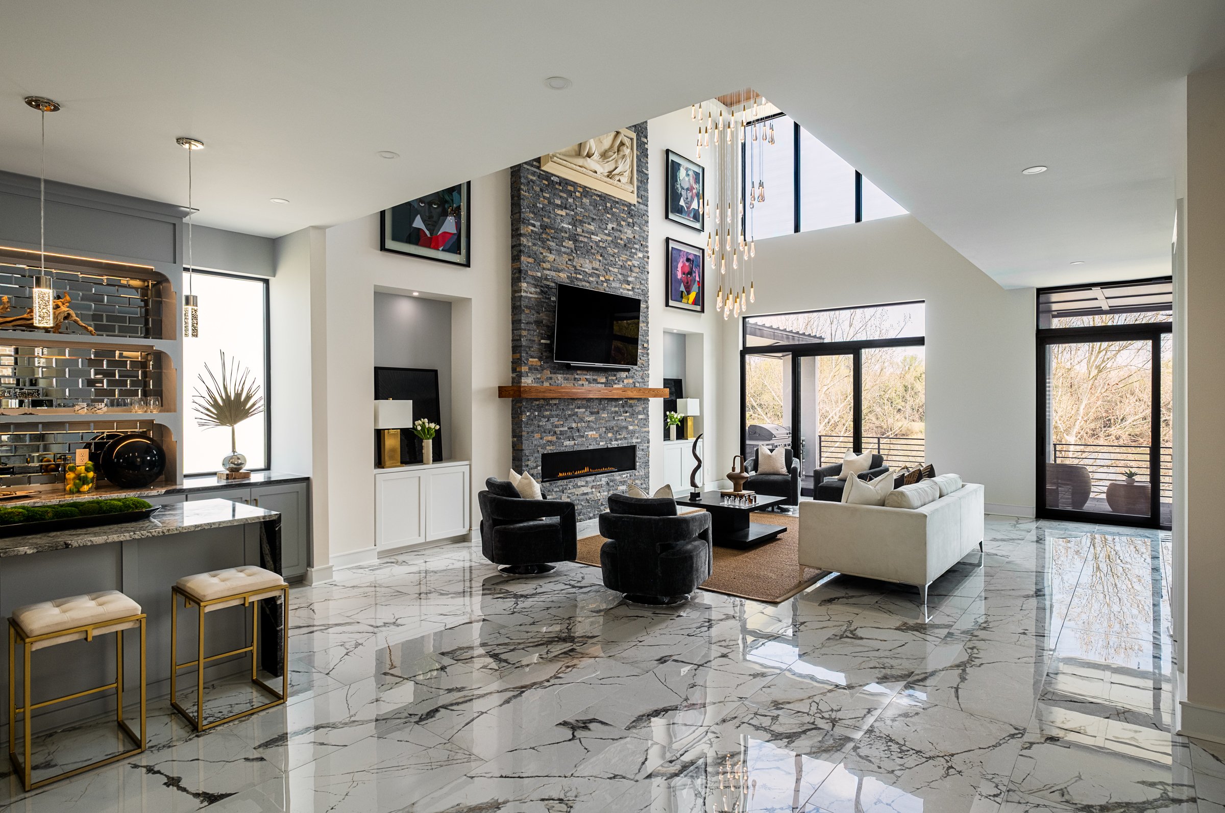 Architectural and interior photography of a customized lakefront home, highlighting design detail, atmosphere, infinity pool, and craftsmanship.