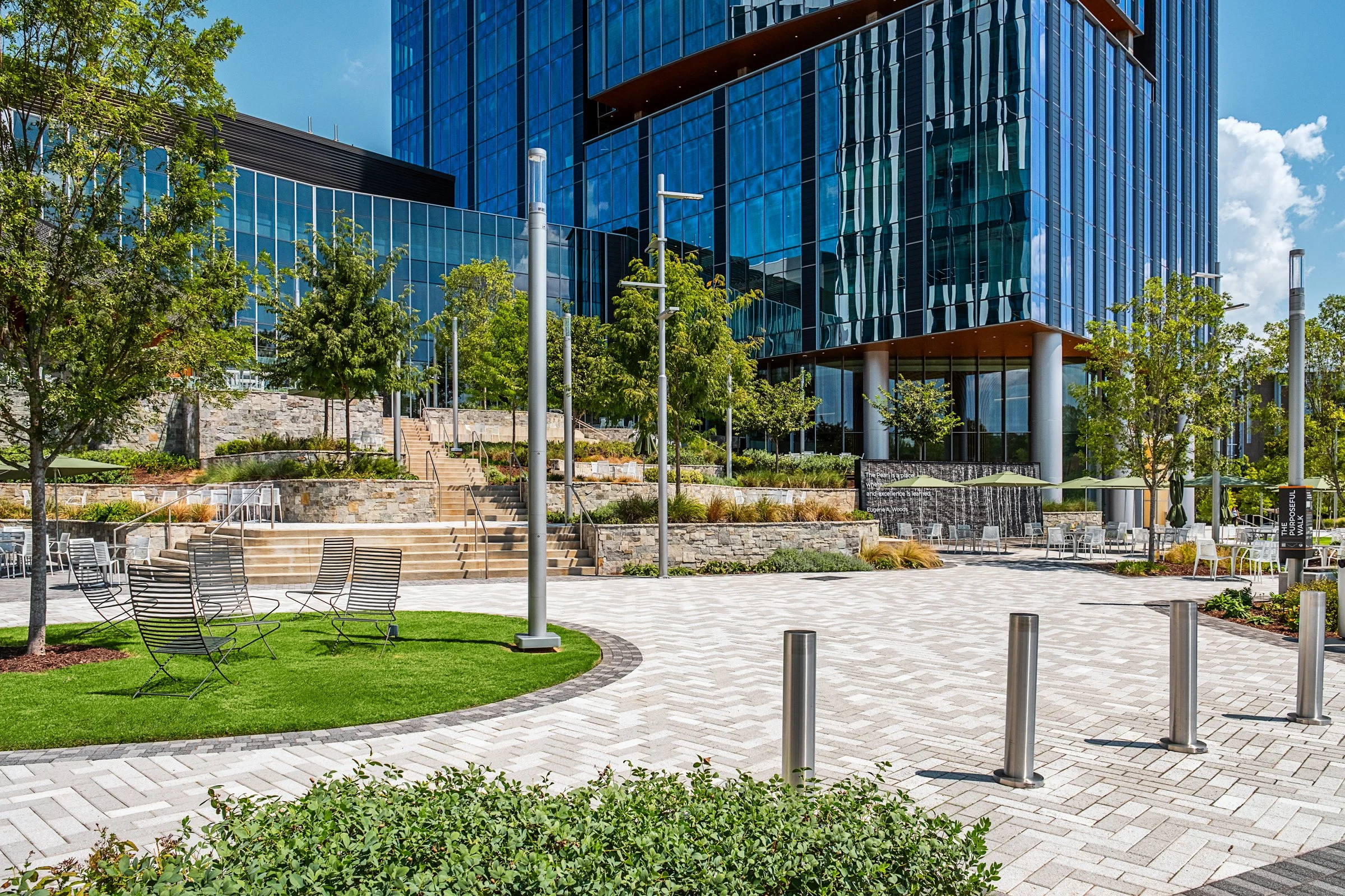 Landscape architecture photography of The Pearl in Charlotte, North Carolina, commissioned by Kimley-Horn and photographed by Paul Lange of Lange Photo Studio. The project features landscaped public spaces, a terraced central plaza, and the Purposefu