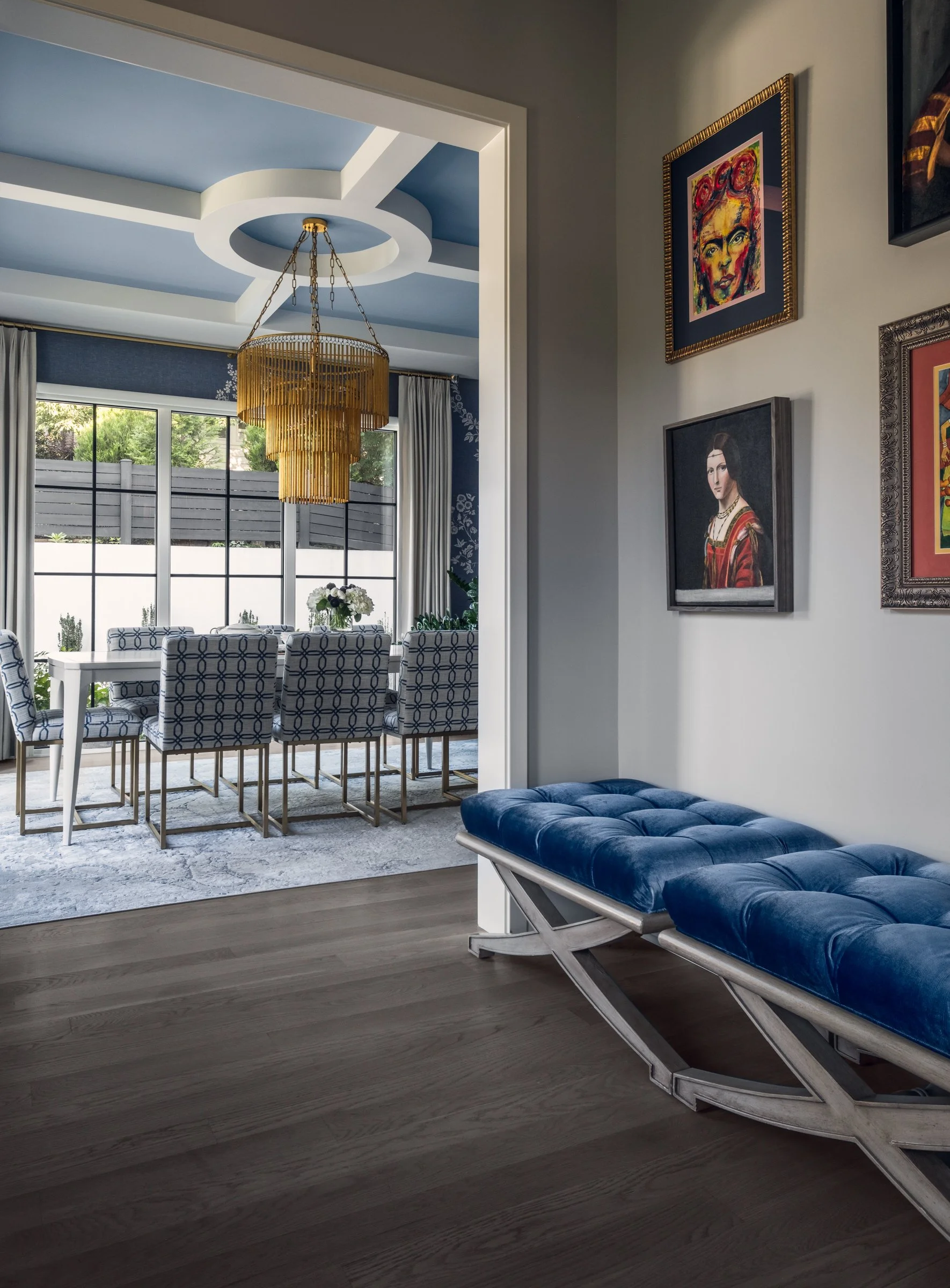 Architectural photography of TK Design Group dining room, showcasing interior design, wall paper, and unique decor. 