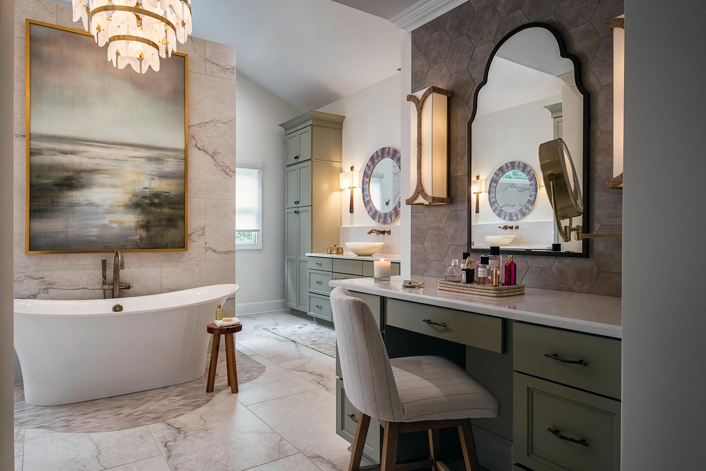 Bardi Designs  luxury residential interior design project featuring a custom kitchen renovation, high-end cabinetry and millwork, detailed tilework, beautifully designed bathrooms, living spaces, and a beautiful study, photographed by Lange Photo Stu