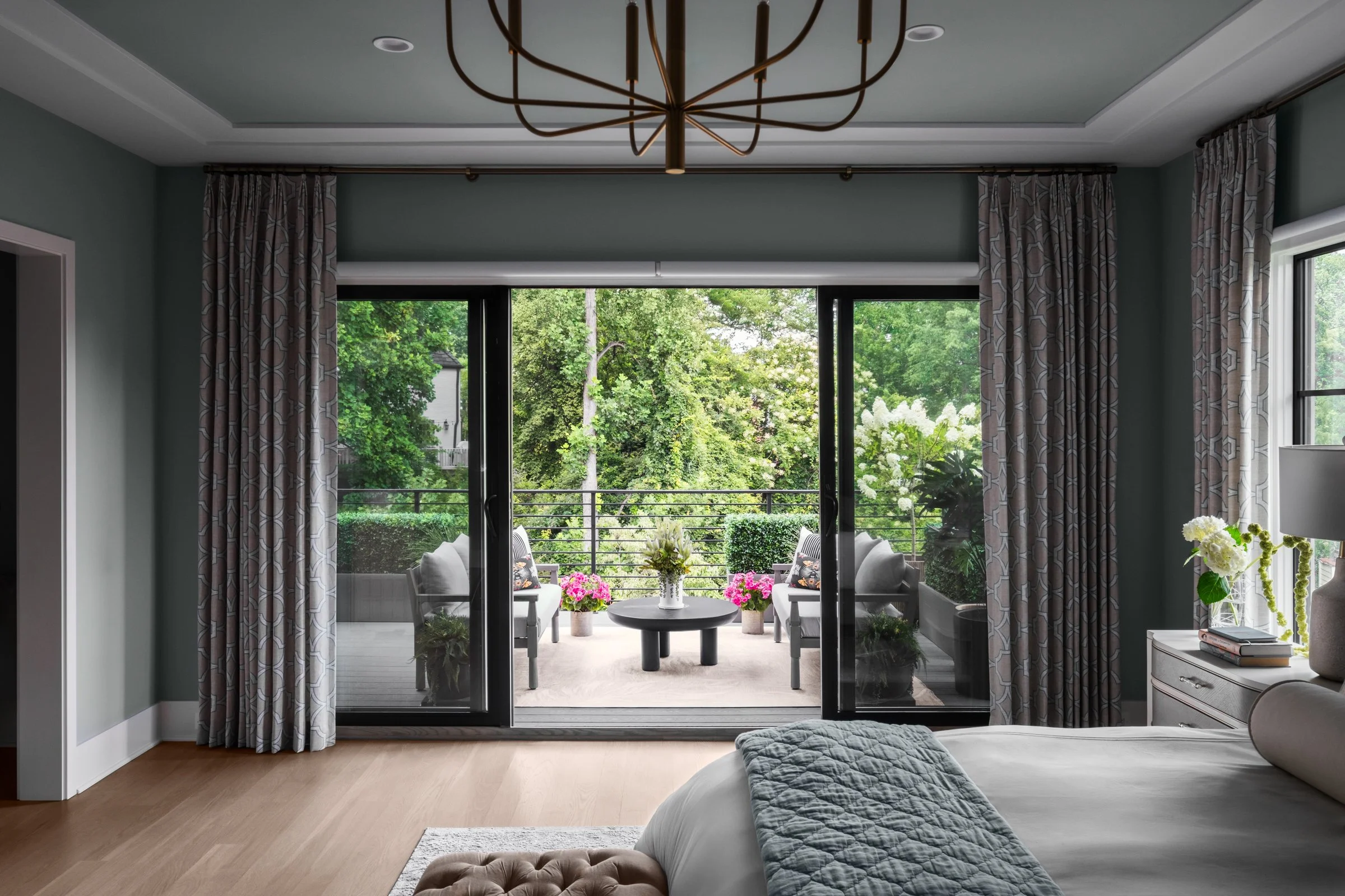 Architectural and design photography of TK Design Group bedroom, moody showcasing interior design.  