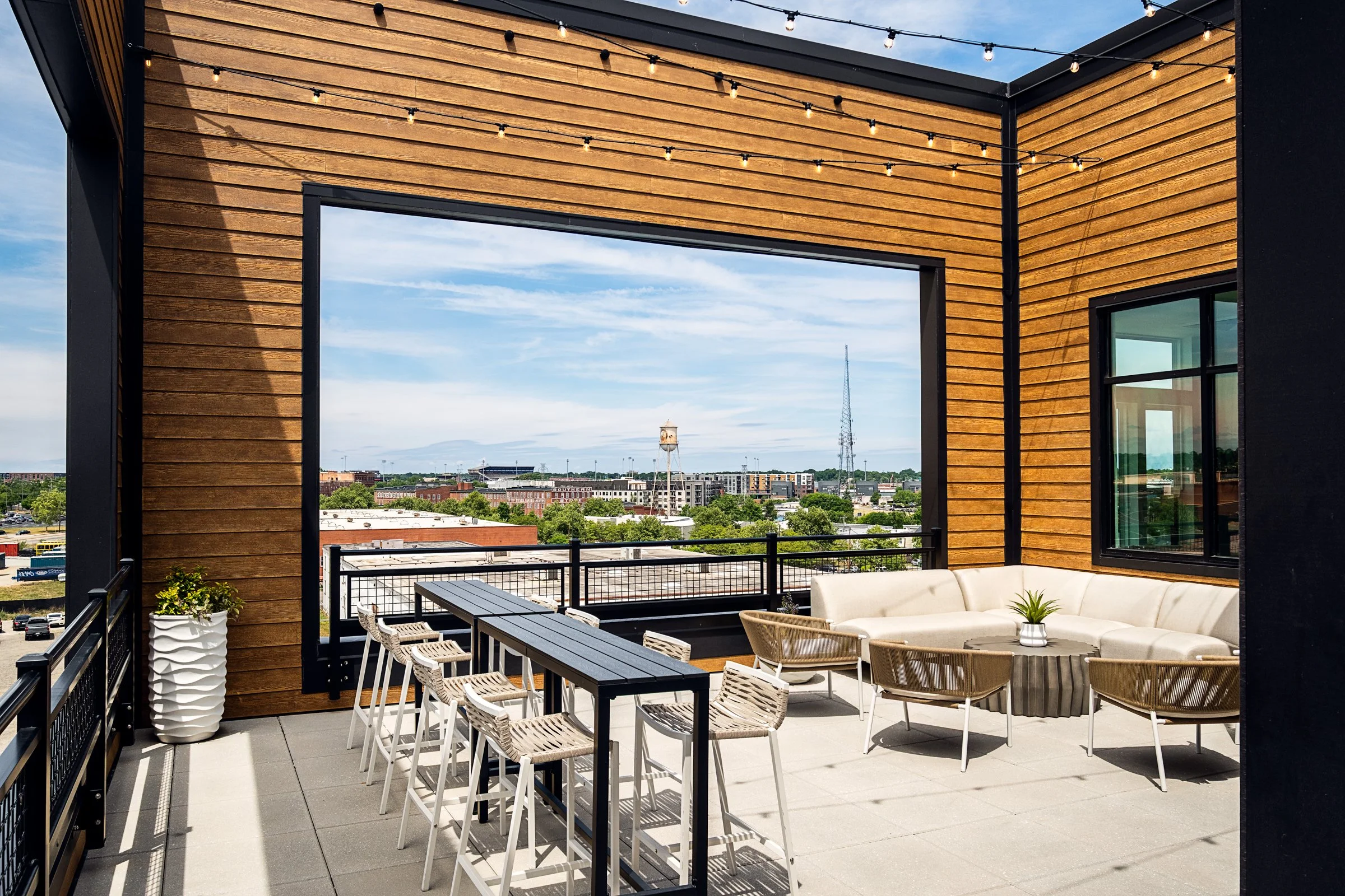 Architectural photography by Paul Lange of Lange Photo Studio, showcasing The Guild in Richmond, VA. The series captures the building's modern design, vibrant communal spaces, rooftop lounge, resort-style pool, highlighting the dynamic living experie