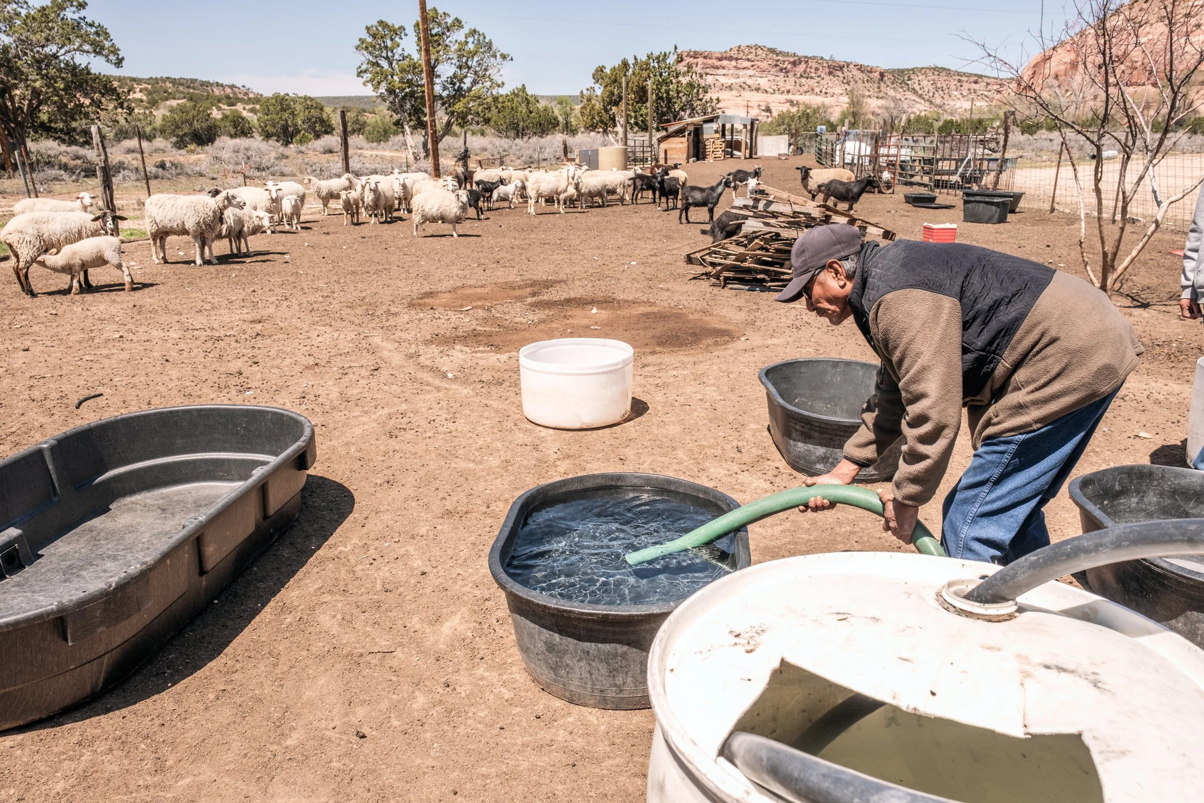 Hauling Life | Navajo Nation — Unified Metadata Paragraphs

Wayne Wilson and Joann Whiting collect water in Gallup, New Mexico at a community water source. The containers are filled, prepared, and loaded into their vehicle for transport across the Na