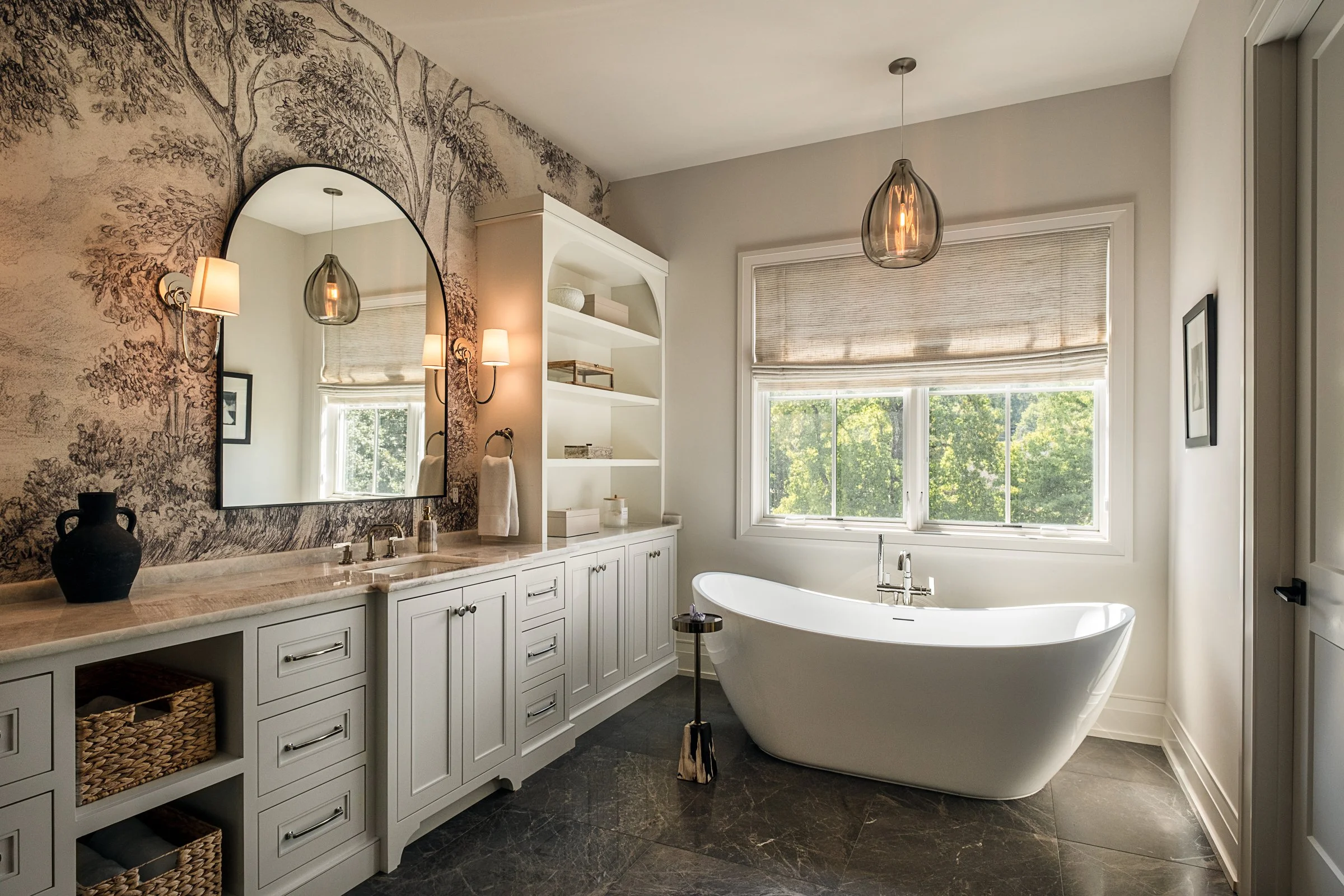 Architectural and interior photography of a custom home in Nashville, Tennessee, designed by Origin Architecture and photographed by Paul Lange of Lange Photo Studio. Warm light from the home’s fixtures highlights thoughtful architectural details and