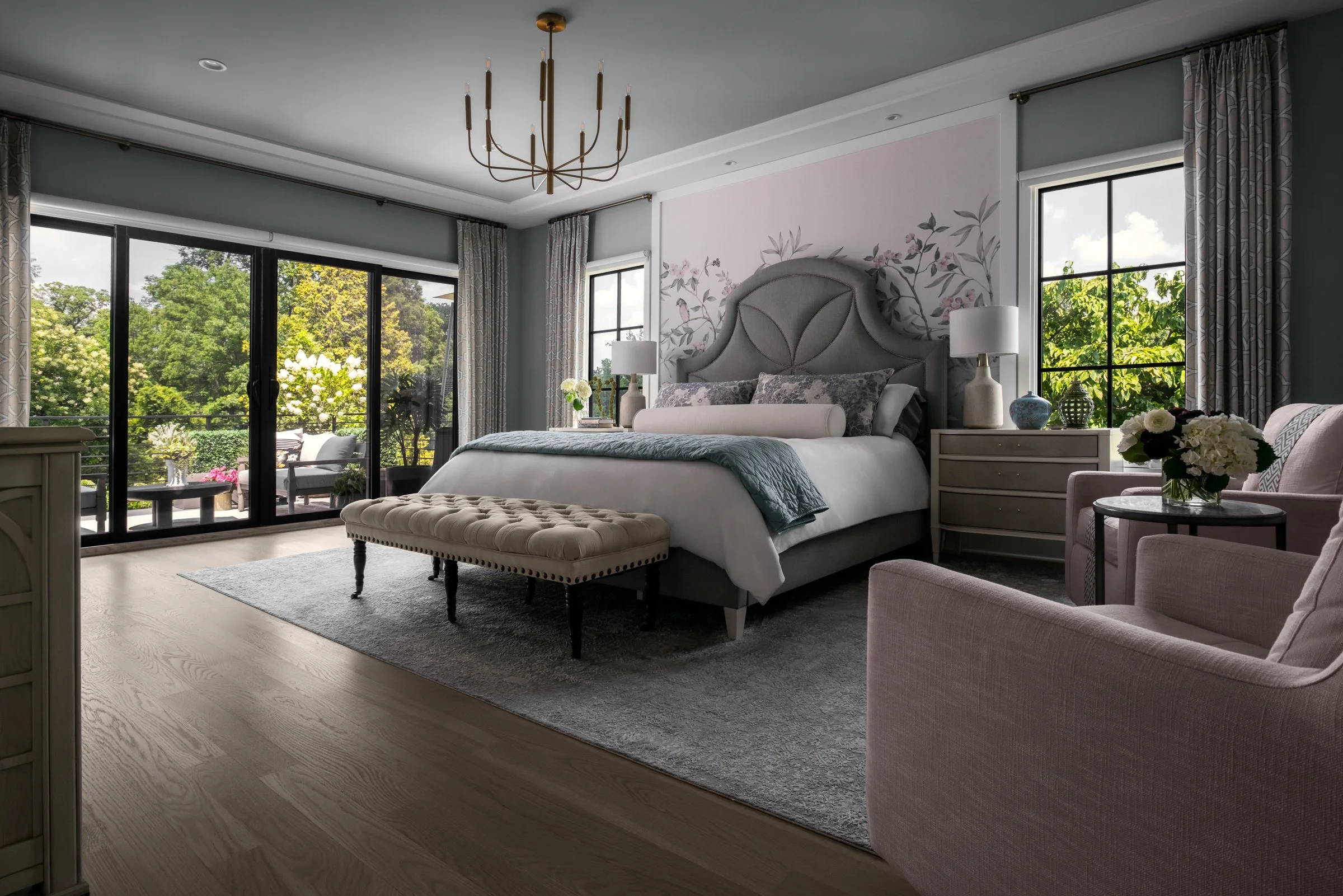 Architectural and design photography of TK Design Group bedroom, moody showcasing interior design.  