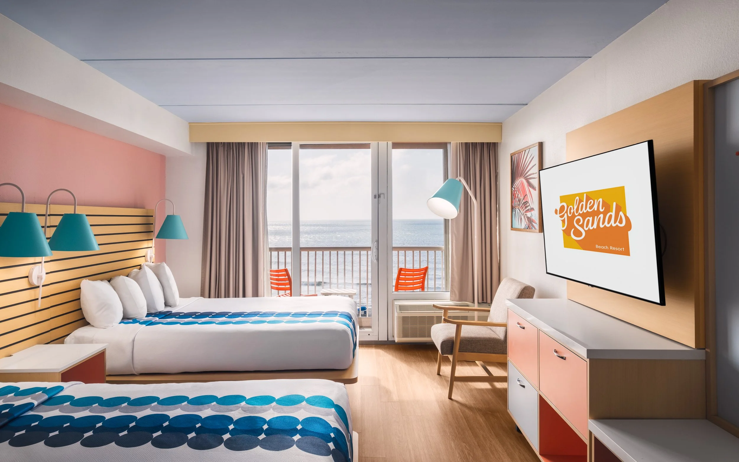 Photograph of guest room at Golden Sands Hotel, featuring crisp lighting, minimalist setup, and adherence to Hilton guest-ready standards.