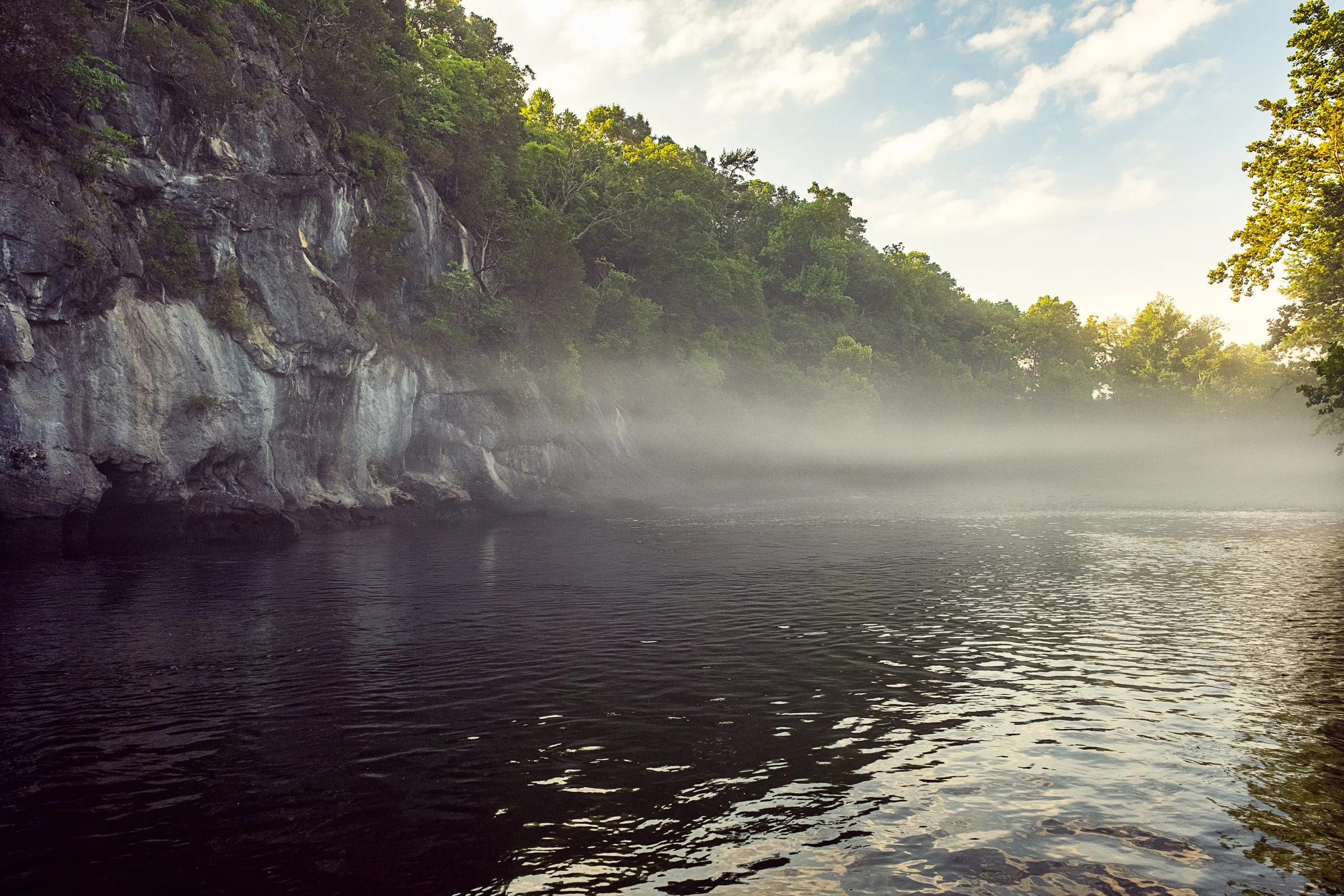 Guided fly fishing trip with Asheville Fly Fishing Company on a foggy river near Asheville, North Carolina. Photographed by Lange Photo Studio.