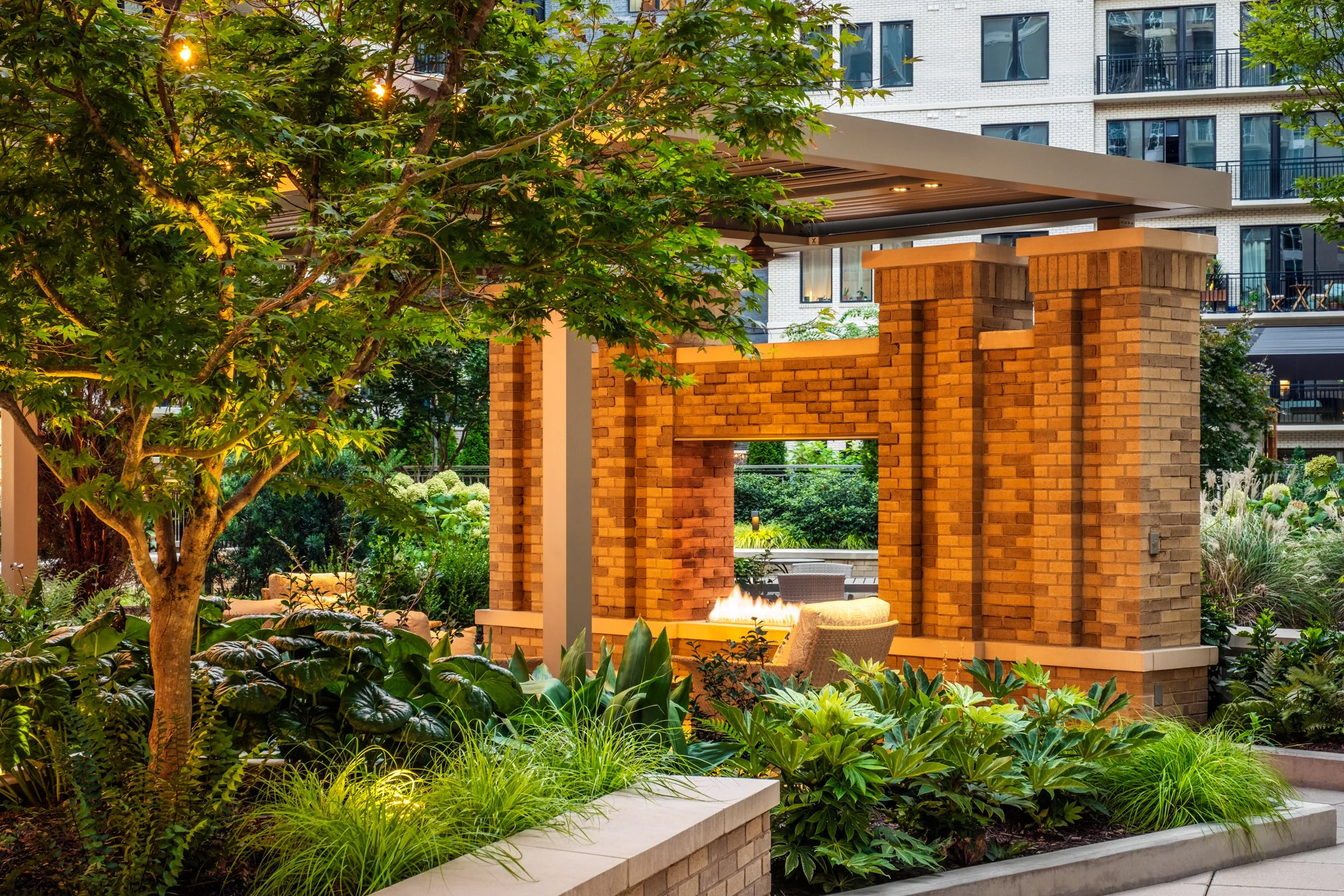 Village on Morehead a 55+ luxury senior living community showcasing the amenity courtyard, landscape design, by LandDesign in Charlotte, NC. Created by Lange Photo Studio.