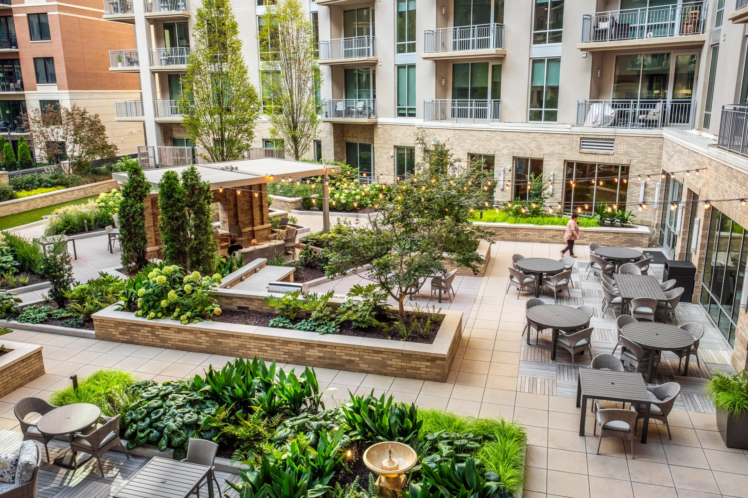 Village on Morehead a 55+ luxury senior living community showcasing the amenity courtyard, landscape design, by LandDesign in Charlotte, NC. Created by Lange Photo Studio.