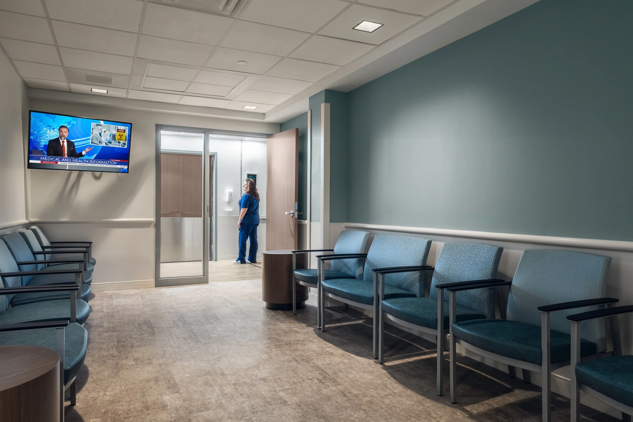 Patient waiting area at Atrium Health, emphasizing calming environment and seating arrangements.