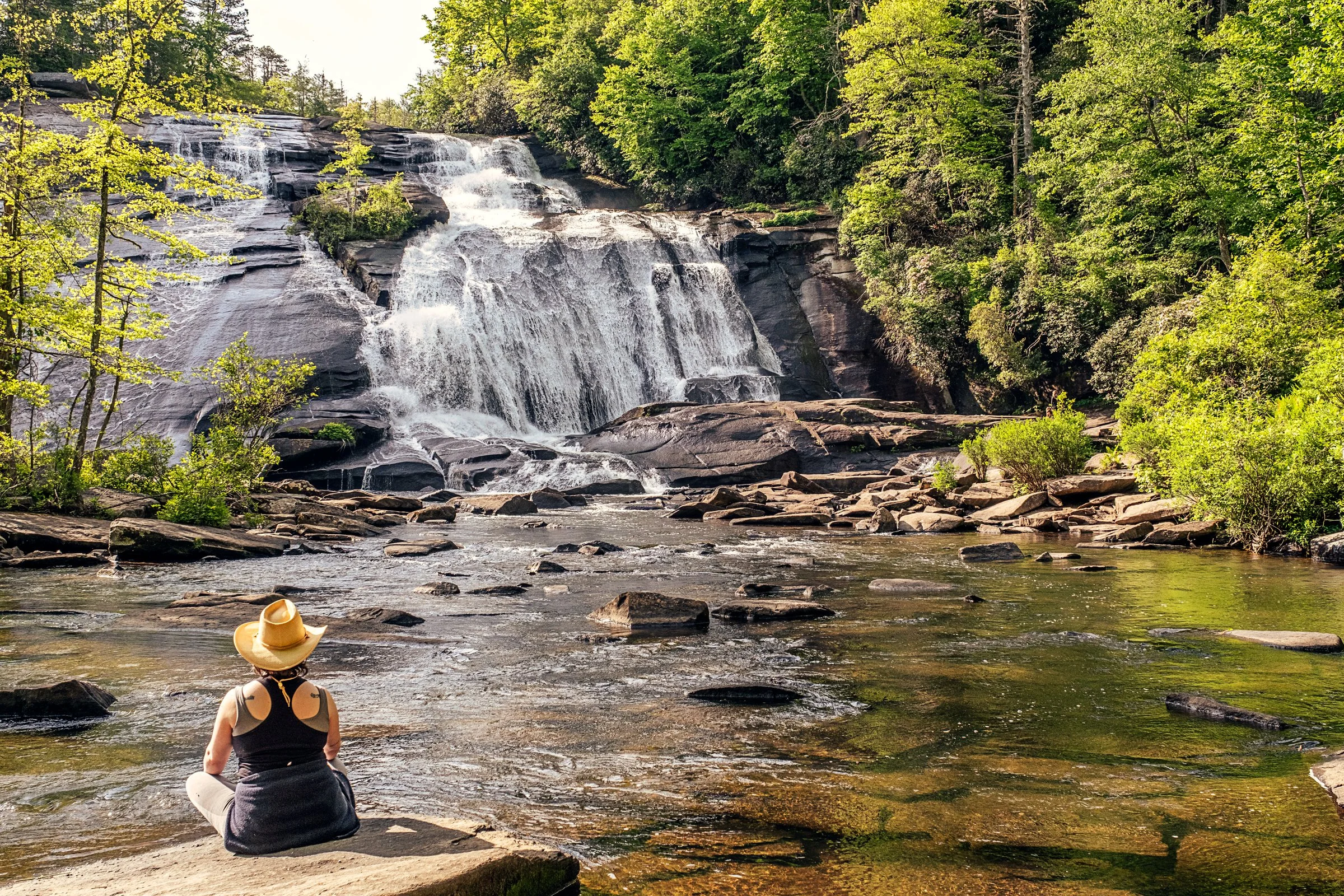 Hooker Falls and High Falls, two waterfalls in DuPont State Forest near Asheville, North Carolina. Photographed by Lange Photo Studio. 