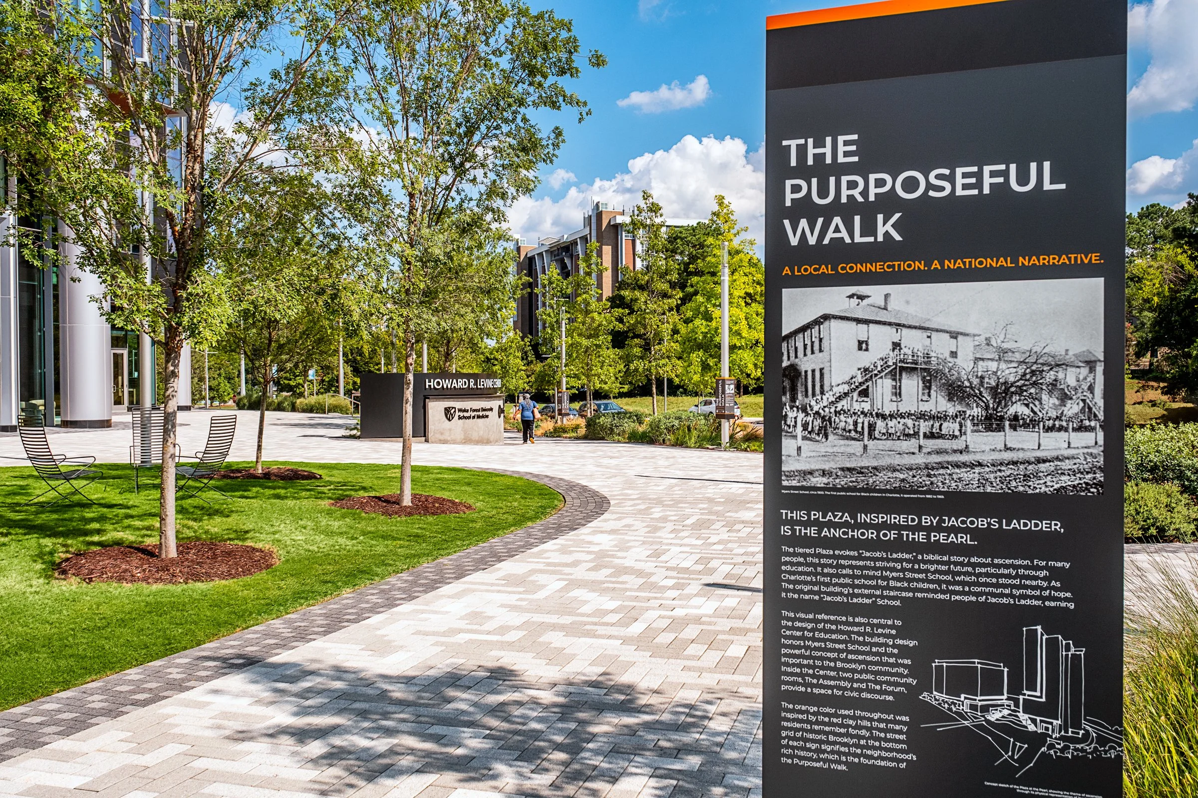 Landscape architecture photography of The Pearl in Charlotte, North Carolina, commissioned by Kimley-Horn and photographed by Paul Lange of Lange Photo Studio. The project features landscaped public spaces, a terraced central plaza, and the Purposefu