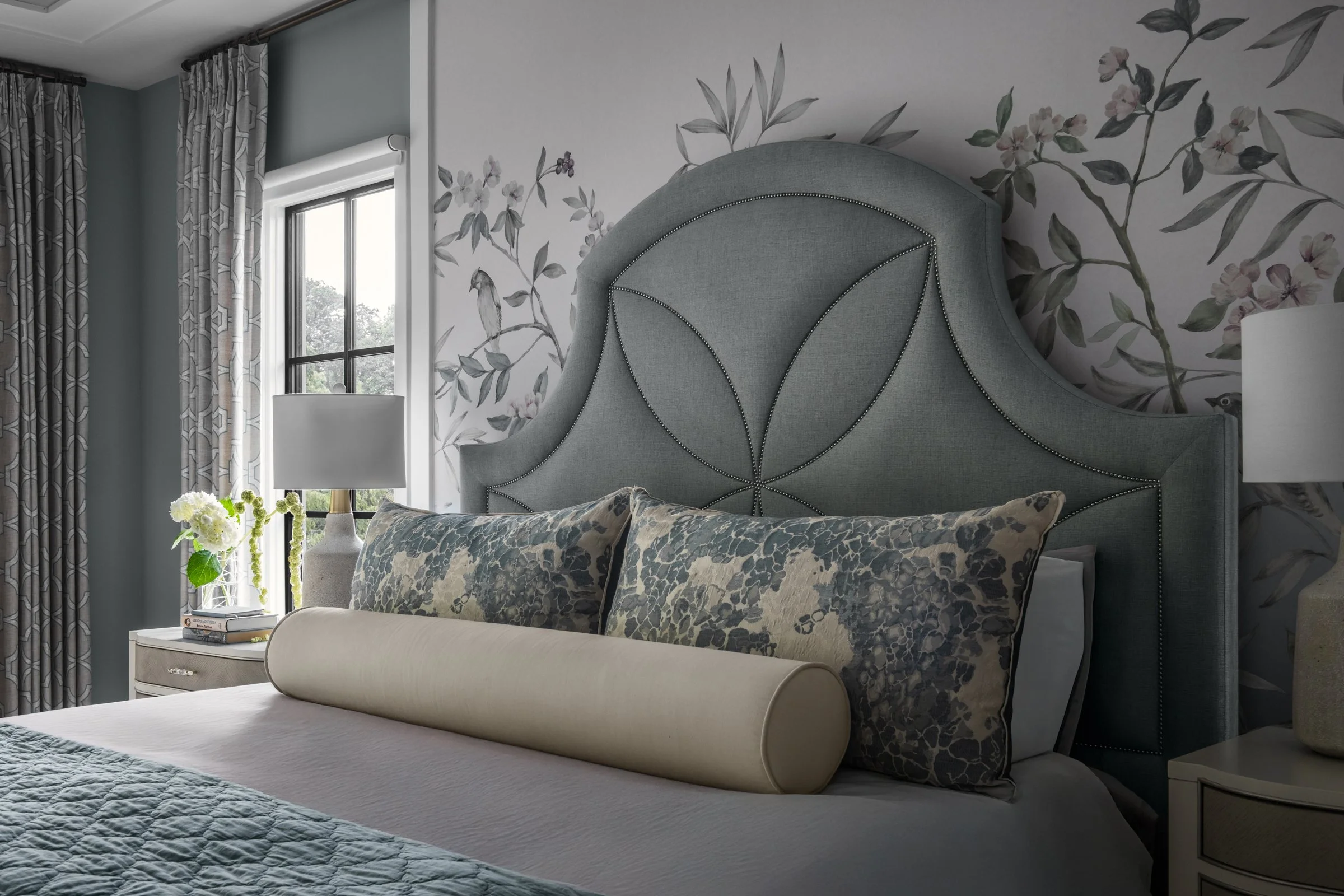 Architectural and design photography of TK Design Group bedroom, moody showcasing interior design.  