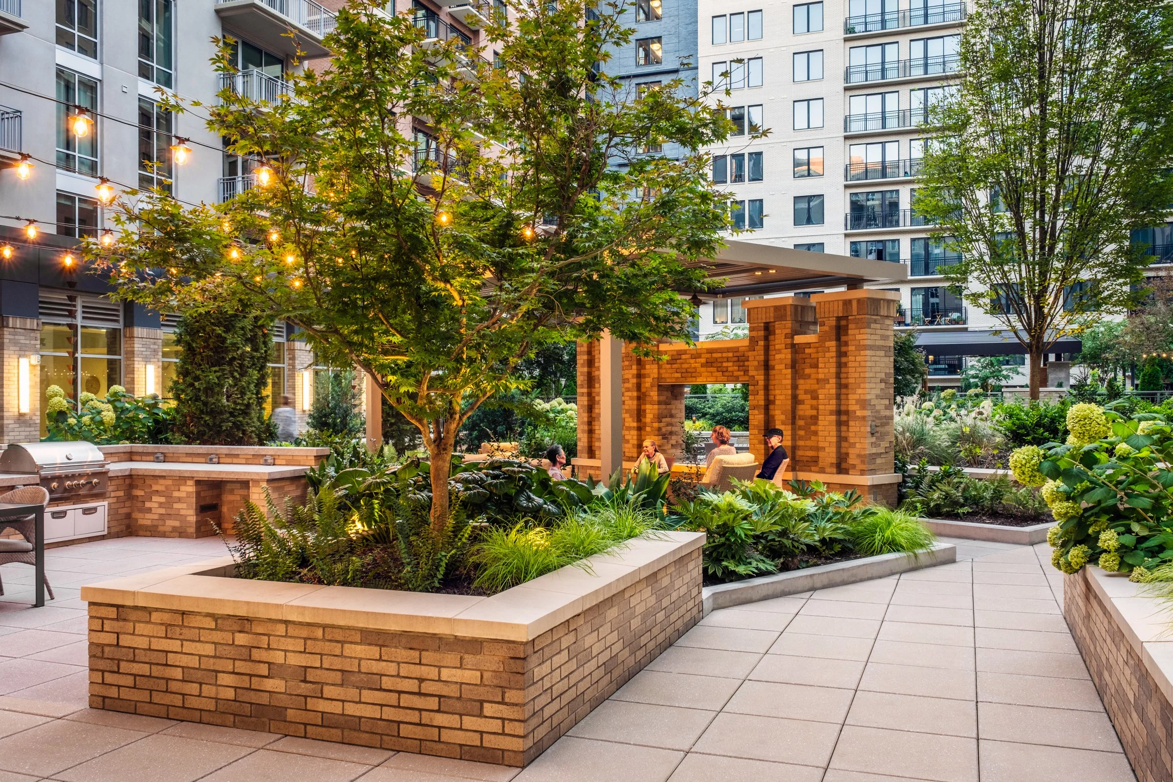 Village on Morehead a 55+ luxury senior living community showcasing the amenity courtyard, landscape design, by LandDesign in Charlotte, NC. Created by Lange Photo Studio.