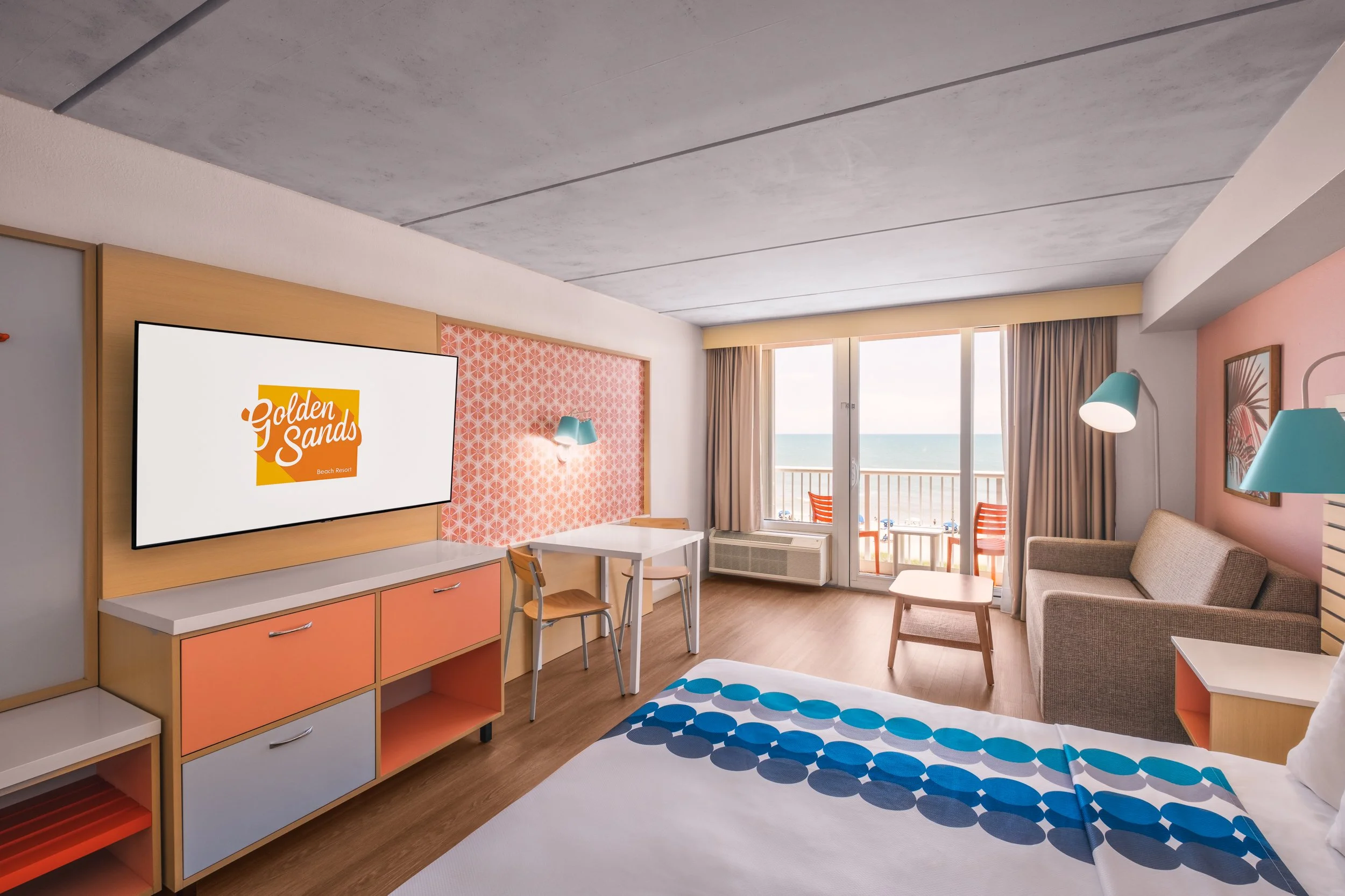Photograph of guest room at Golden Sands Hotel, featuring crisp lighting, minimalist setup, and adherence to Hilton guest-ready standards.