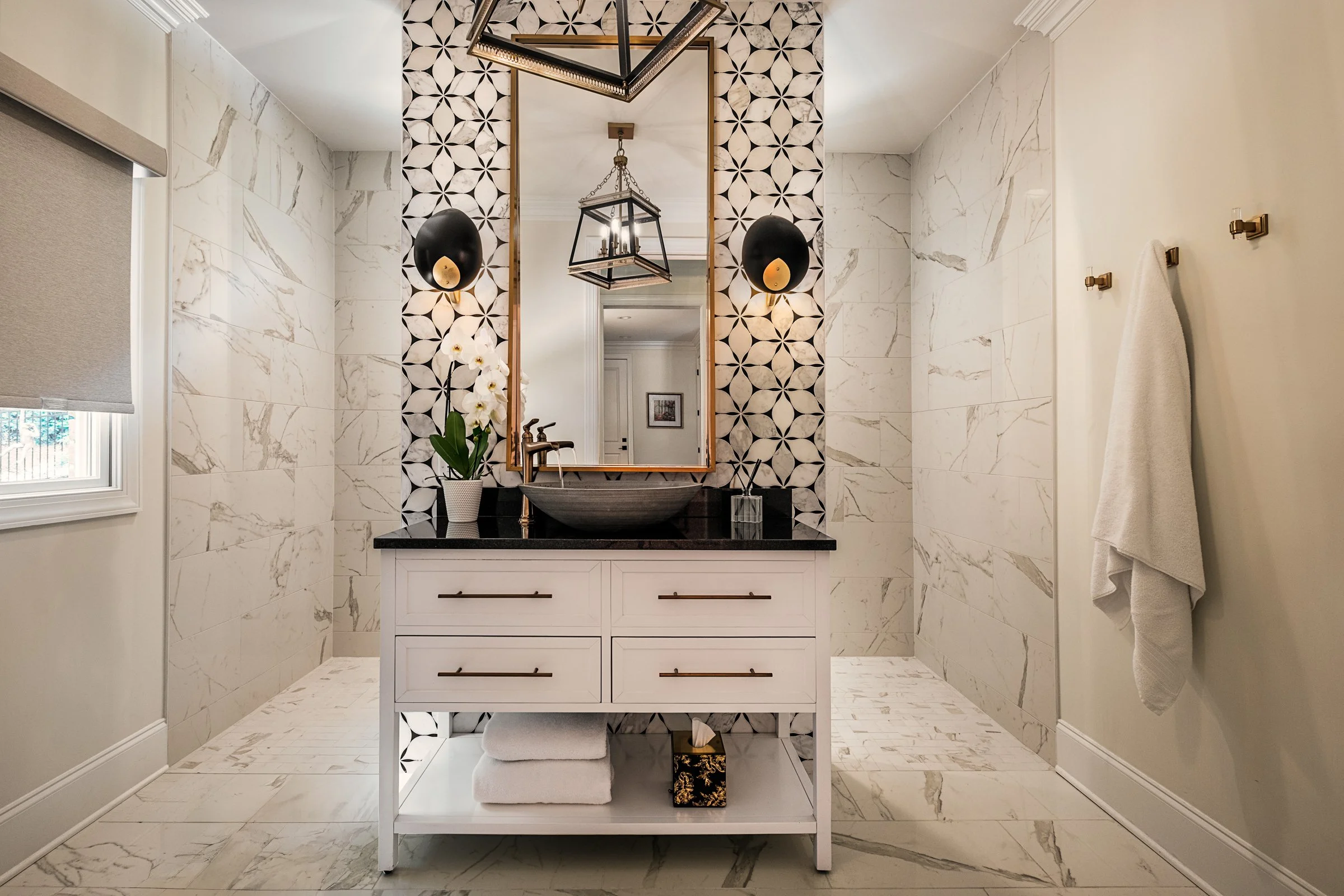 Bardi Designs  luxury residential interior design project featuring a custom kitchen renovation, high-end cabinetry and millwork, detailed tilework, beautifully designed bathrooms, living spaces, and a beautiful study, photographed by Lange Photo Stu