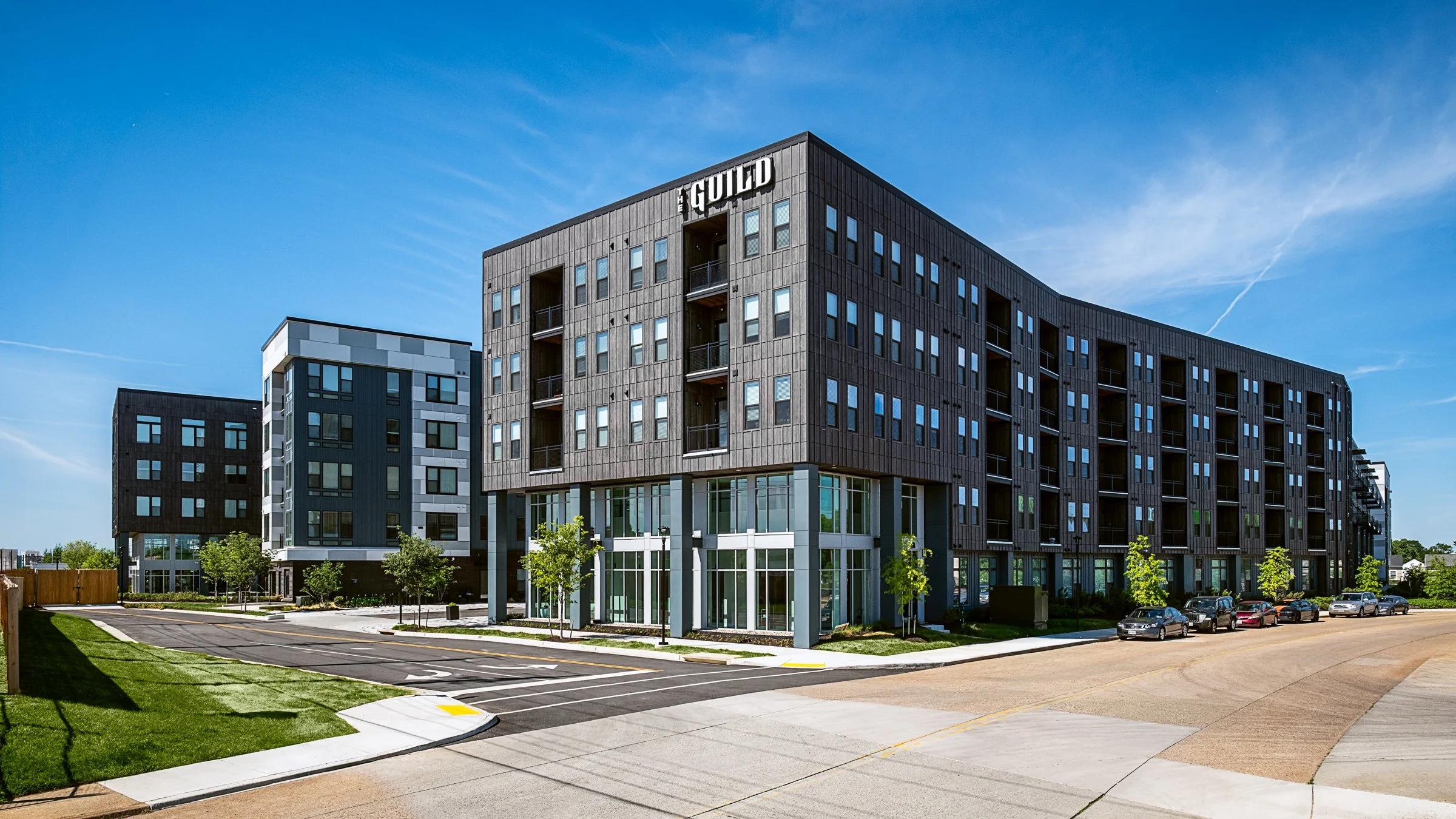 Architectural photography by Paul Lange of Lange Photo Studio, showcasing The Guild in Richmond, VA. The series captures the building's modern design, vibrant communal spaces, rooftop lounge, resort-style pool, highlighting the dynamic living experie