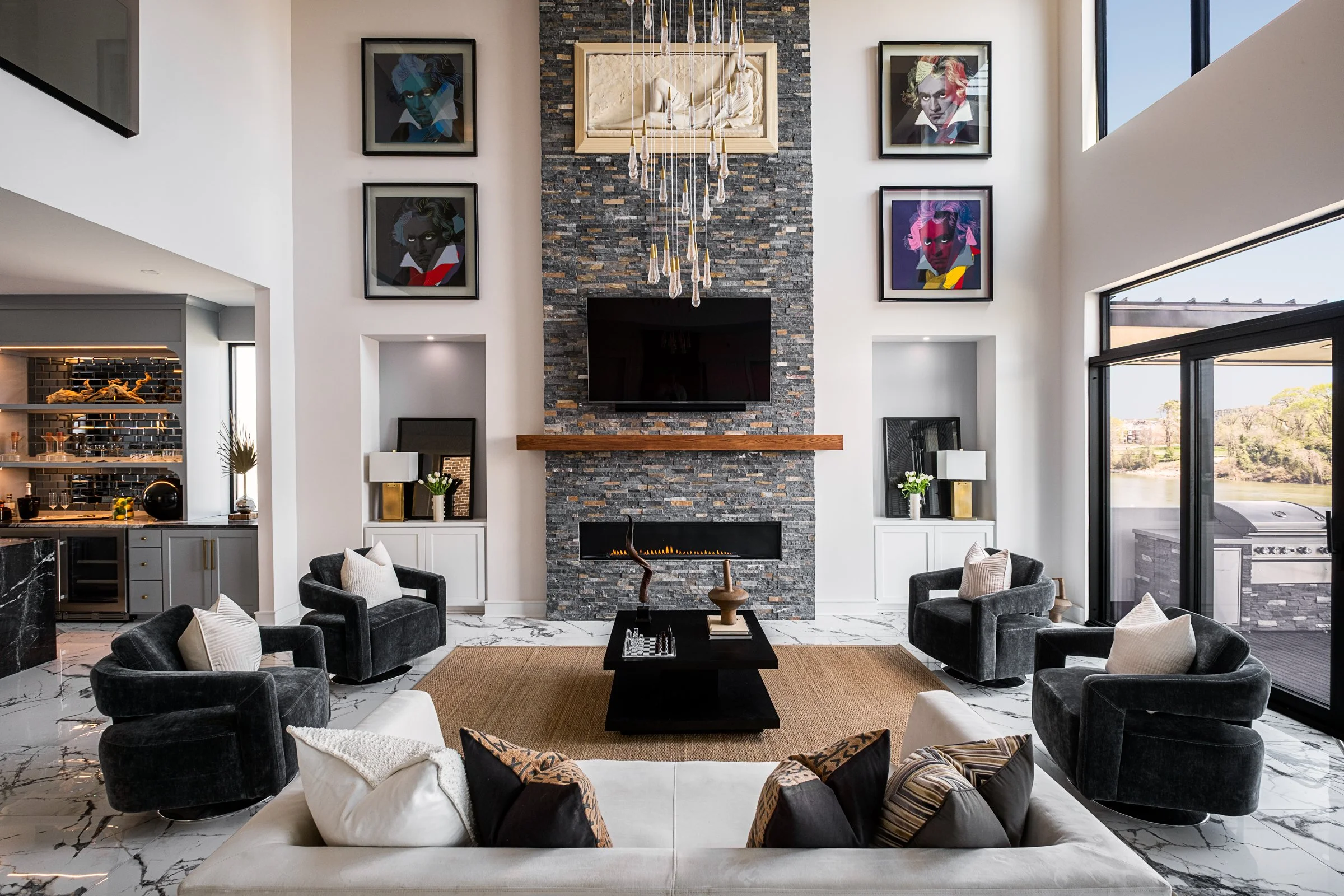 Architectural and interior photography of a customized lakefront home, highlighting design detail, atmosphere, infinity pool, and craftsmanship.