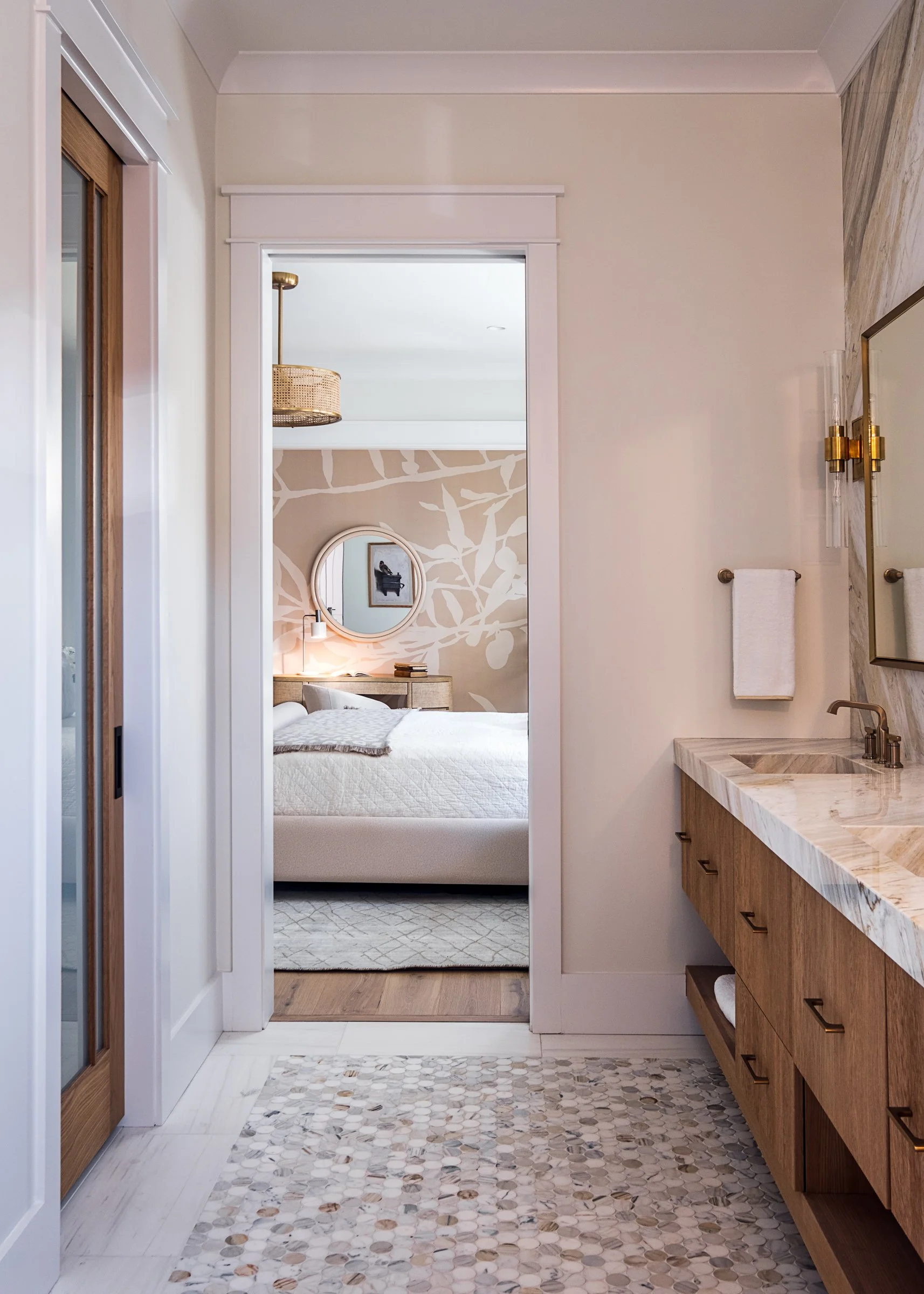 Dwelling Place Interiors luxury residential interior design project featuring a custom kitchen renovation, high-end cabinetry and millwork, detailed tilework, beautifully designed bathrooms, living spaces, bookshelves, and outdoor living areas, photo