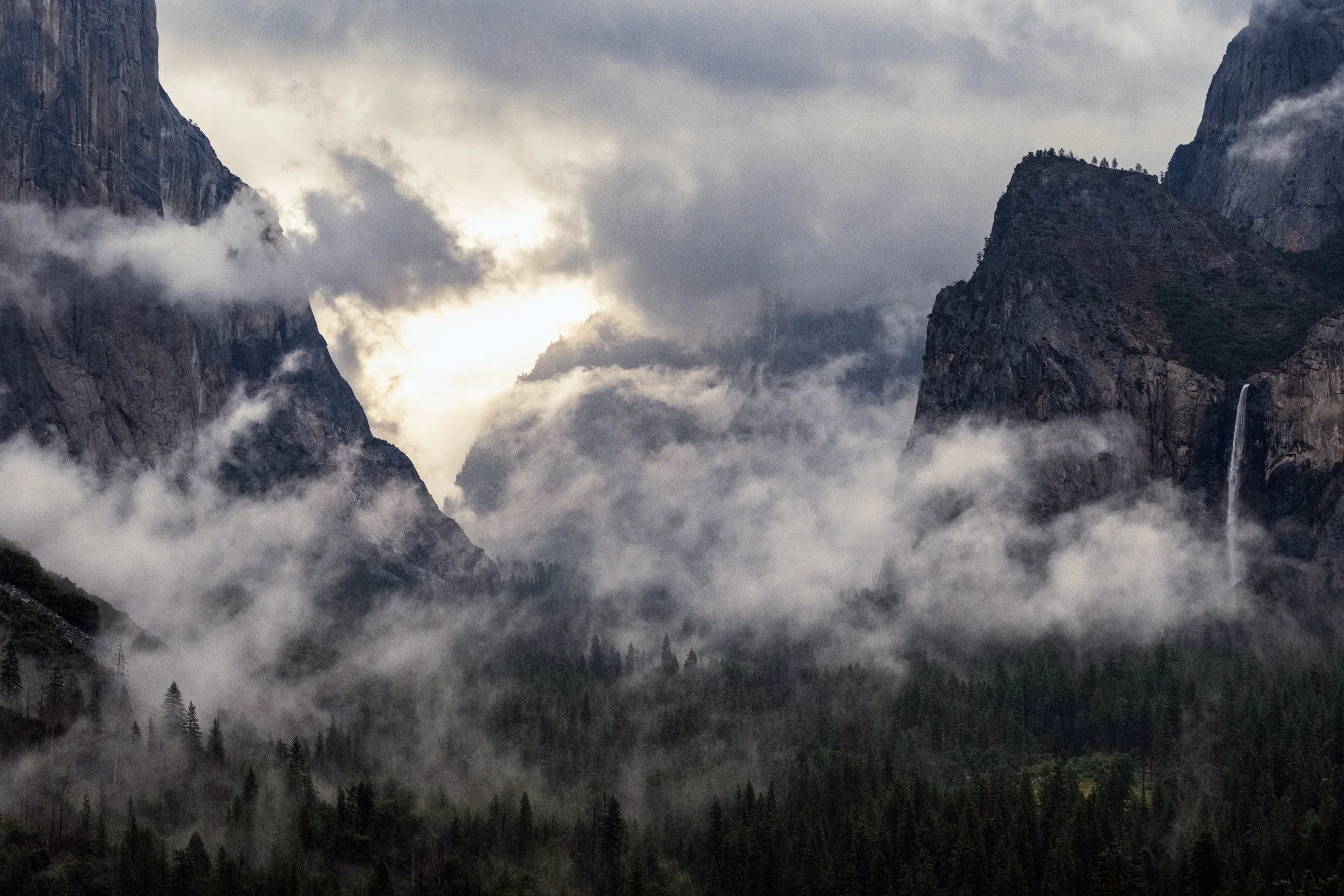 landscape and travel photography by Paul Lange, showcasing Yosemite Nation Park, foggy morning, sunrise. 
