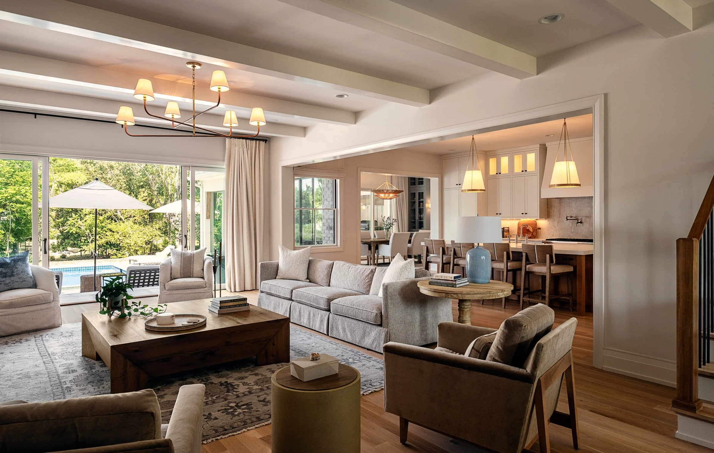 Architectural and interior photography of a custom home in Nashville, Tennessee, designed by Origin Architecture and photographed by Paul Lange of Lange Photo Studio. Warm light from the home’s fixtures highlights thoughtful architectural details and
