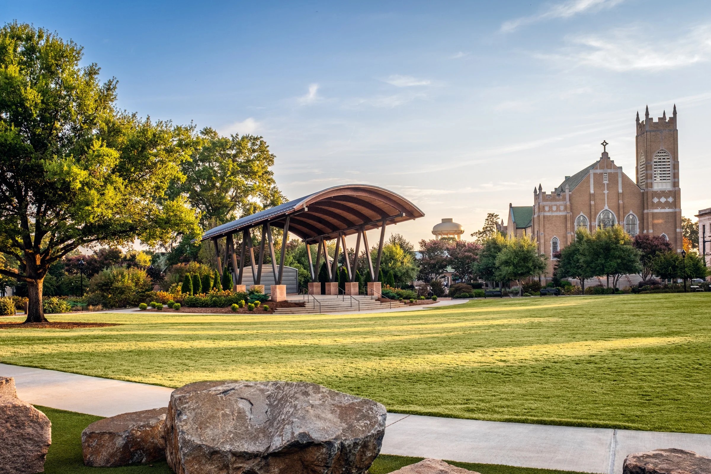 Belltower Green in Salisbury, NC highlighting its modern architecture, public use, and urban setting. Created by Lange Photo Studio.