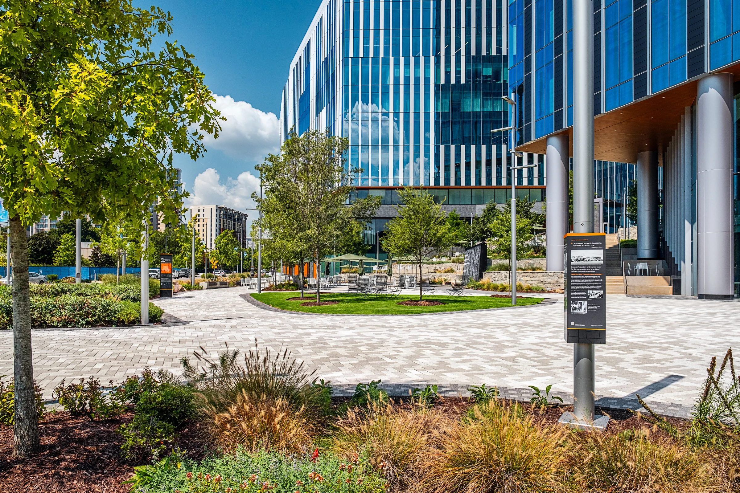 Landscape architecture photography of The Pearl in Charlotte, North Carolina, commissioned by Kimley-Horn and photographed by Paul Lange of Lange Photo Studio. The project features landscaped public spaces, a terraced central plaza, and the Purposefu