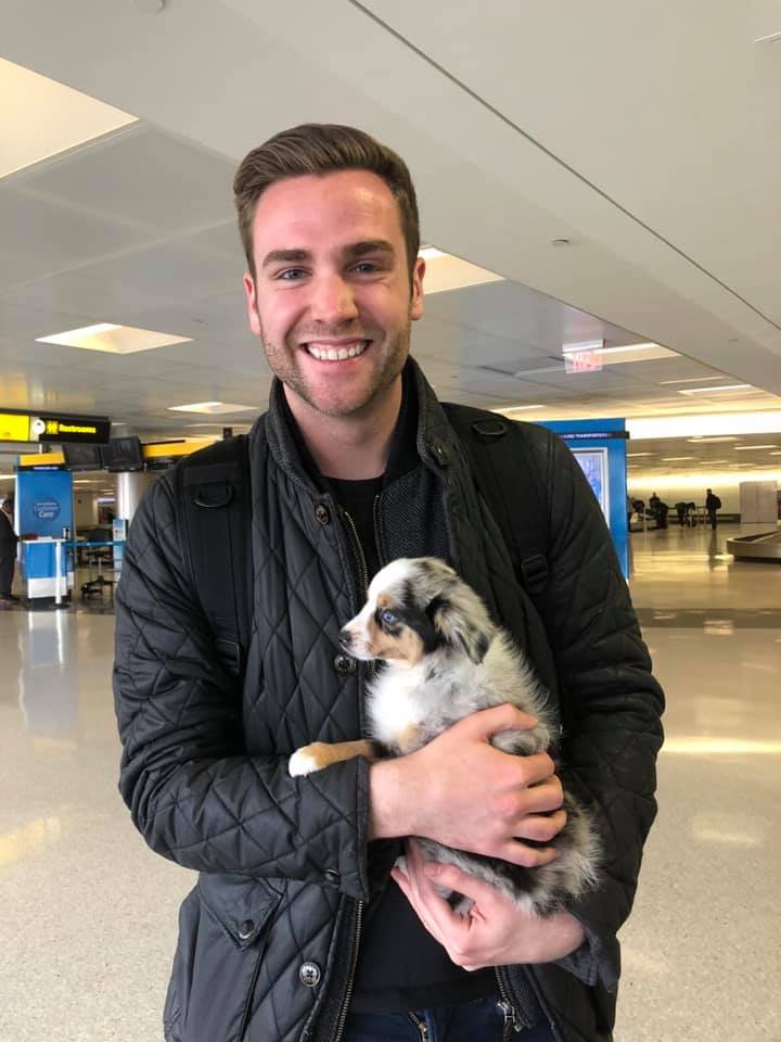 handsome man holding puppy Australian Sheppard 