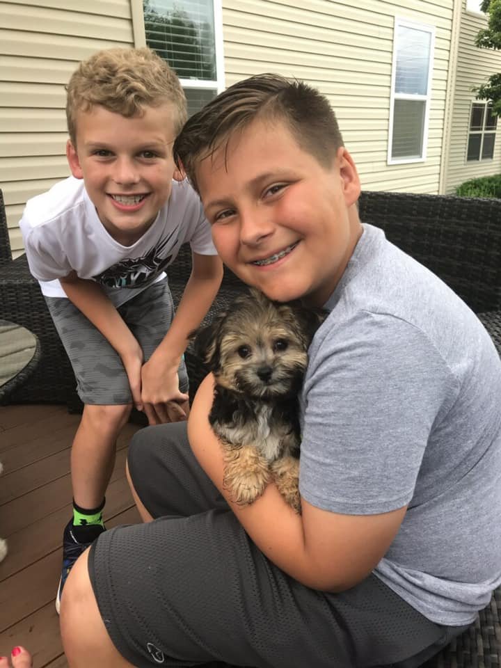 happy children holding their new pet puppy that was delivered