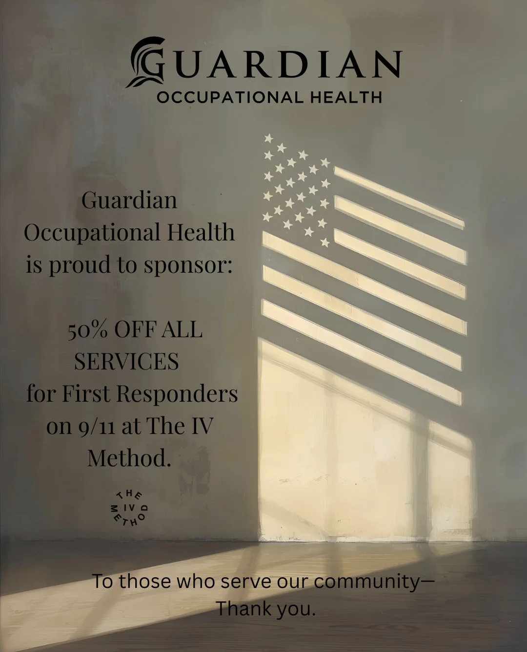 Honoring the Fallen, Supporting Our Heroes⁠
⁠
In collaboration with The IV Method, Guardian Occupational Health is proud to sponsor 50% OFF all services for First Responders on September 11th.⁠
⁠
On this day, we pause to remember the lives lost and t