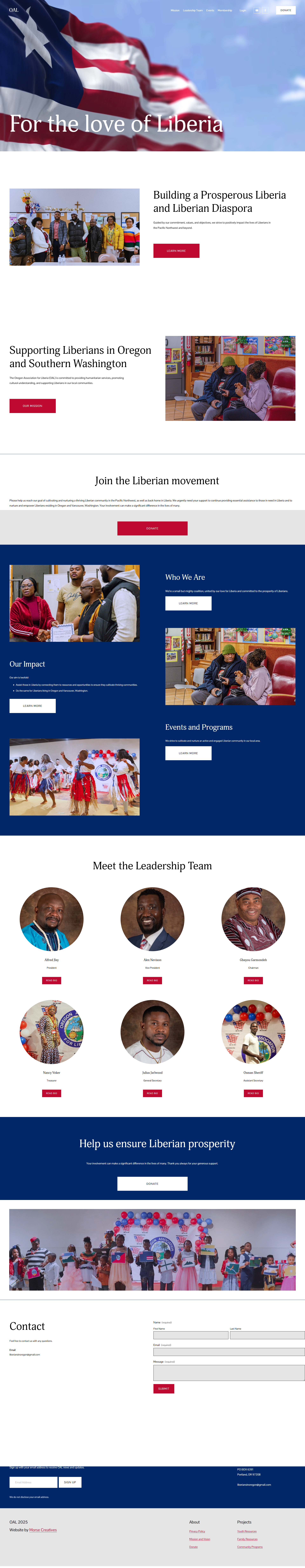 Screenshot of a website promoting Liberian support and development. It includes the Liberian flag with the text "For the love of Liberia." The site features sections on supporting Liberians in Oregon and Washington, a leadership team introduction with photos, contact information, and images of community events. Navigation links and call-to-action buttons like "Join the movement" and "Learn more" are visible.