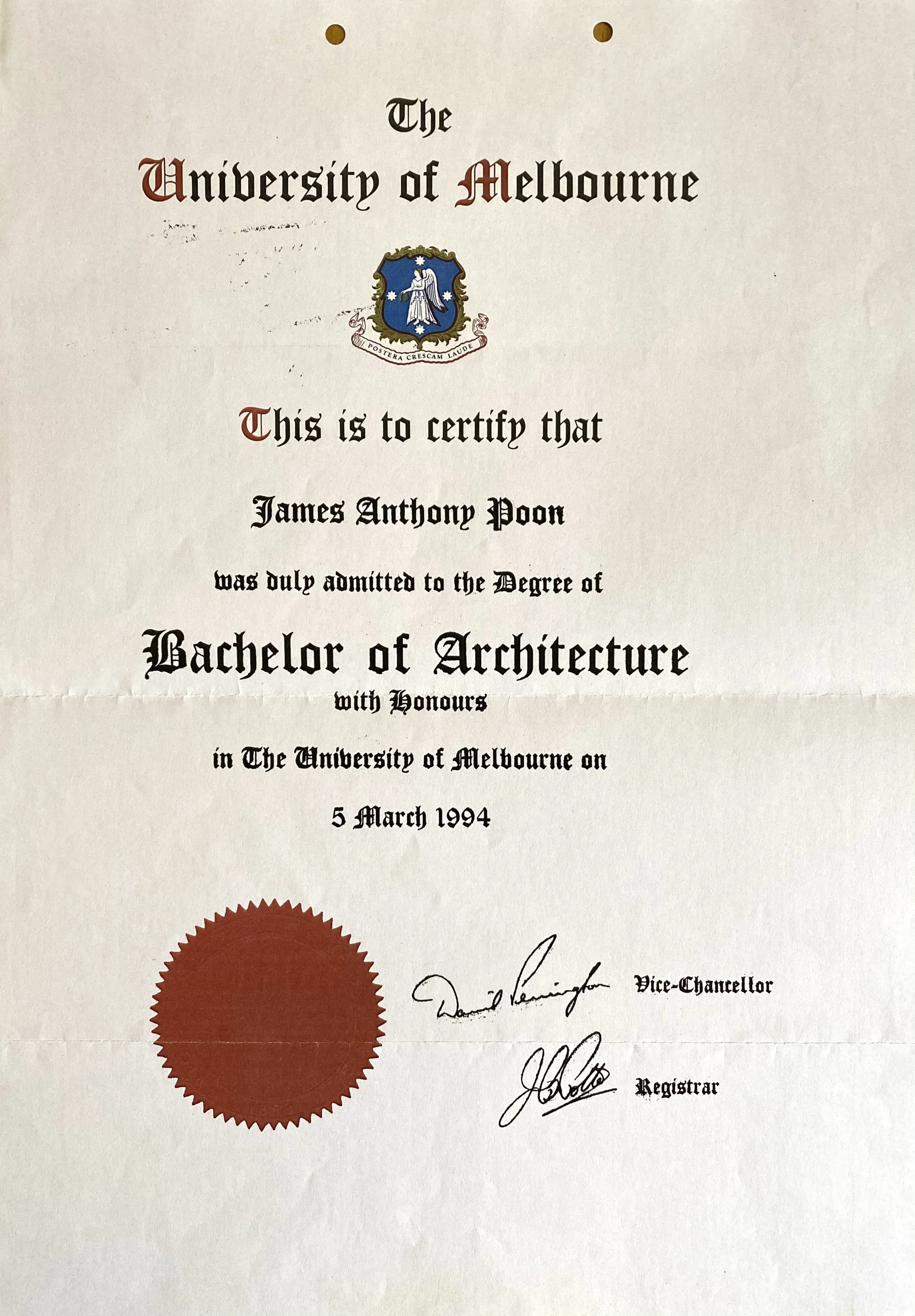 Degree certificate from the University of Melbourne awarded to James Anthony Poon for a Bachelor of Architecture on March 5, 1994, featuring a red seal, signatures, and the university crest at the top.