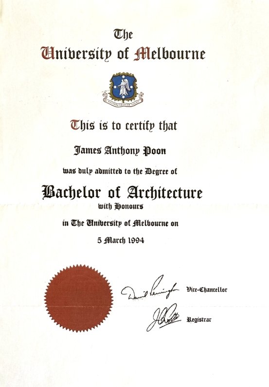 Degree certificate from the University of Melbourne awarded to James Anthony Poon for a Bachelor of Architecture on March 5, 1994, featuring a red seal, signatures, and the university crest at the top.