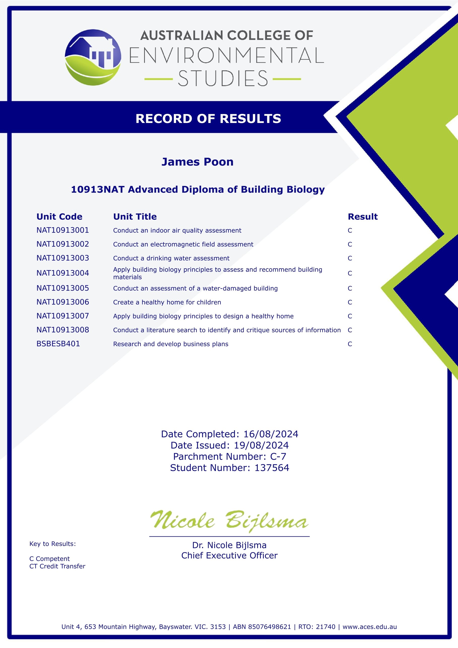 Australian College of Environmental Studies record of results diploma certificate for James Poon, showing course titles, unit codes, results, and official signatures.