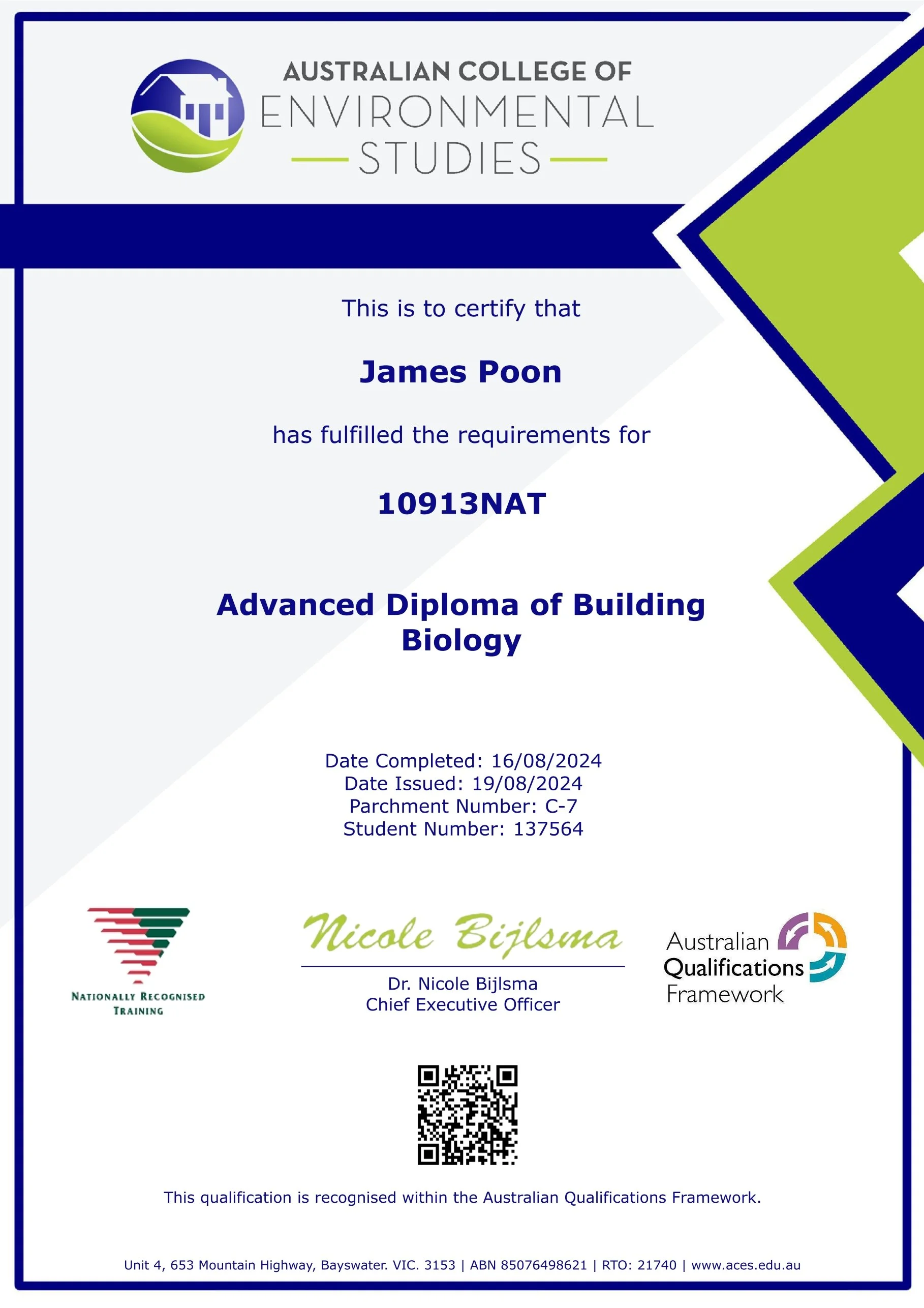 Diploma from the Australian College of Environmental Studies certifying James Poon for completing an Advanced Diploma of Building Biology, issued on August 19, 2024, featuring logos, signatures, and a QR code.