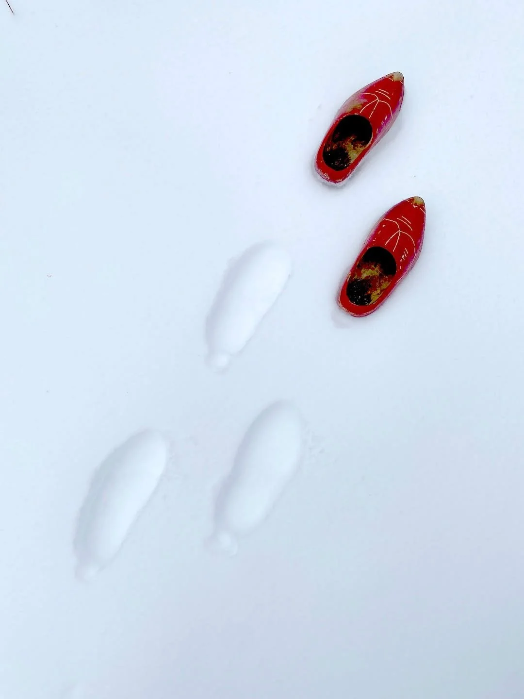 The wild does not have words.
The unwritten pages spread out on all sides!
I come upon the tracks of roe deer in the snow.
Language but no words.

From a poem by Tomas Transtr&ouml;mer.

19th-century Swedish children's clogs, available @springmoondes