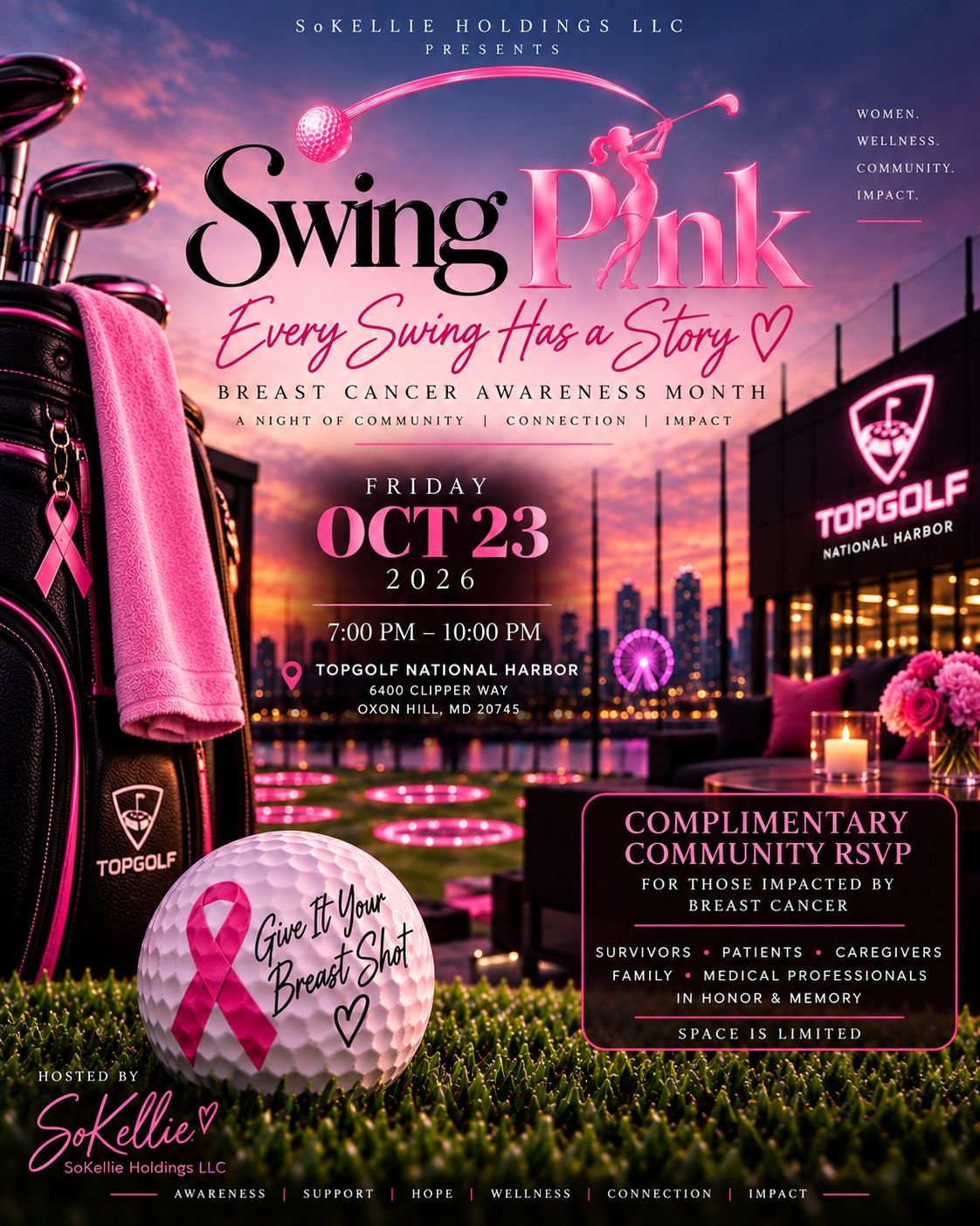 Swing Pink breast cancer awareness event flyer for October 23, 2026, at Topgolf National Harbor, featuring a pink sunset and golf imagery.