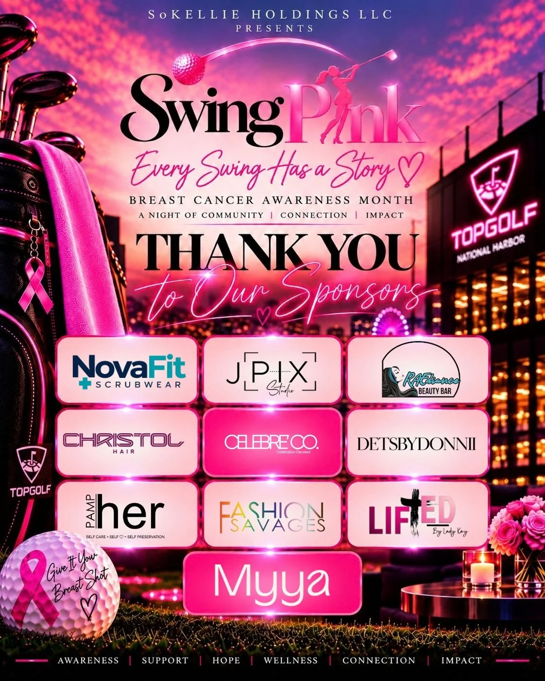 Swing Pink sponsor appreciation flyer featuring participating business logos, pink golf-themed artwork, and a sunset over the golf range.