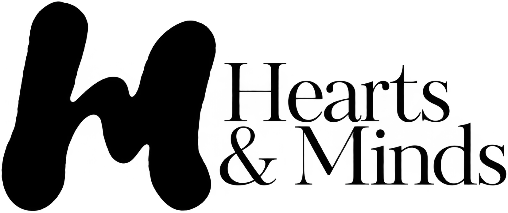 Black logo with a large, stylized script letter 'H' and the words 'Hearts & Circuits' in a thin serif font.