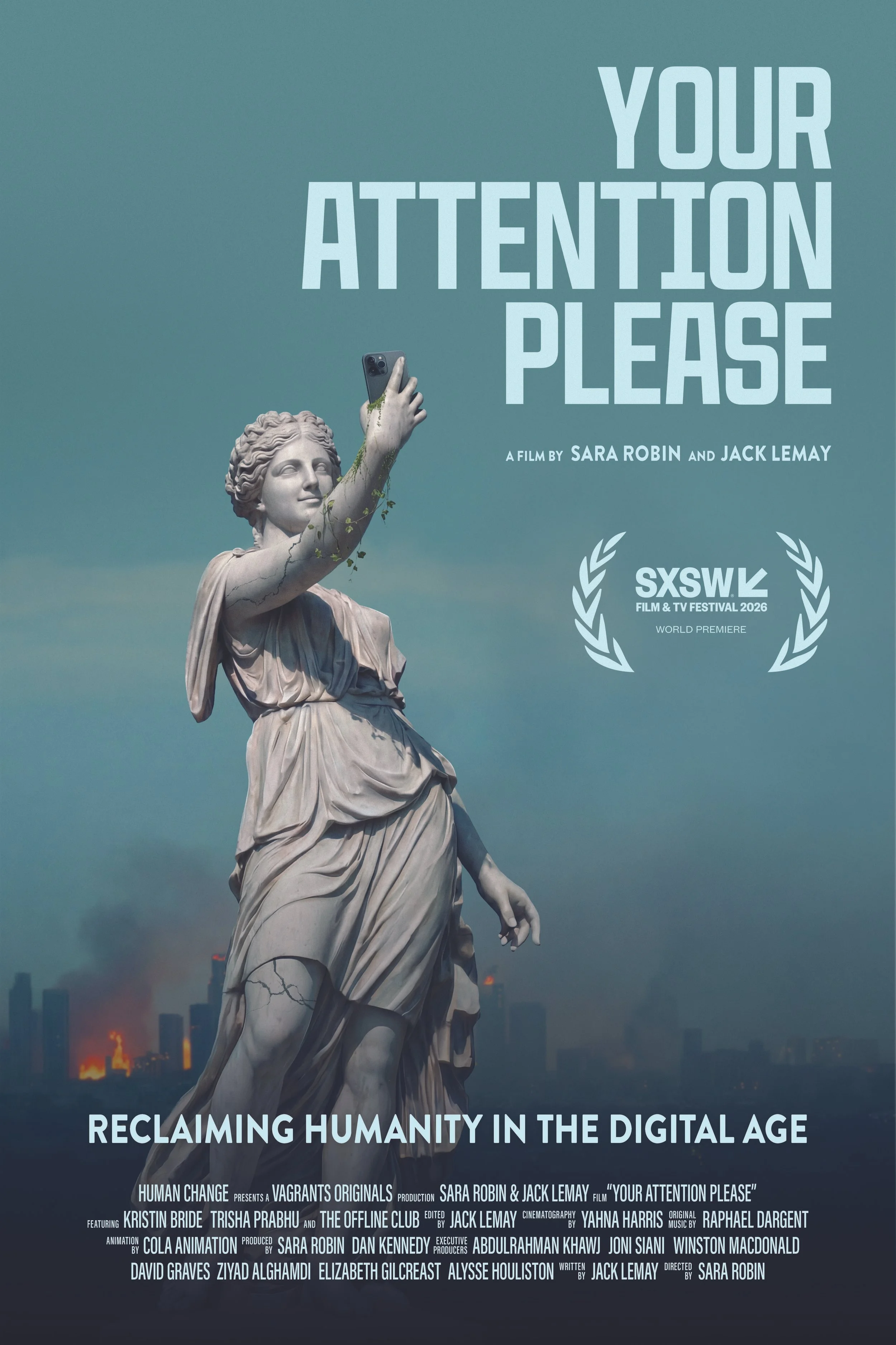 Poster for the film 'Your Attention Please' showing a statue of a woman taking a selfie with a smartphone, city skyline in the background with smoke and fire, and text mentioning the film's title, directors, and film festival.