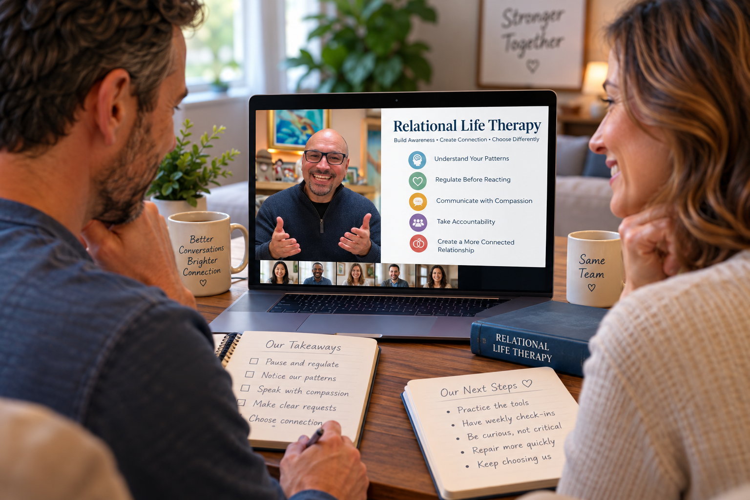 Couple taking notes during an online relational life therapy session on a laptop