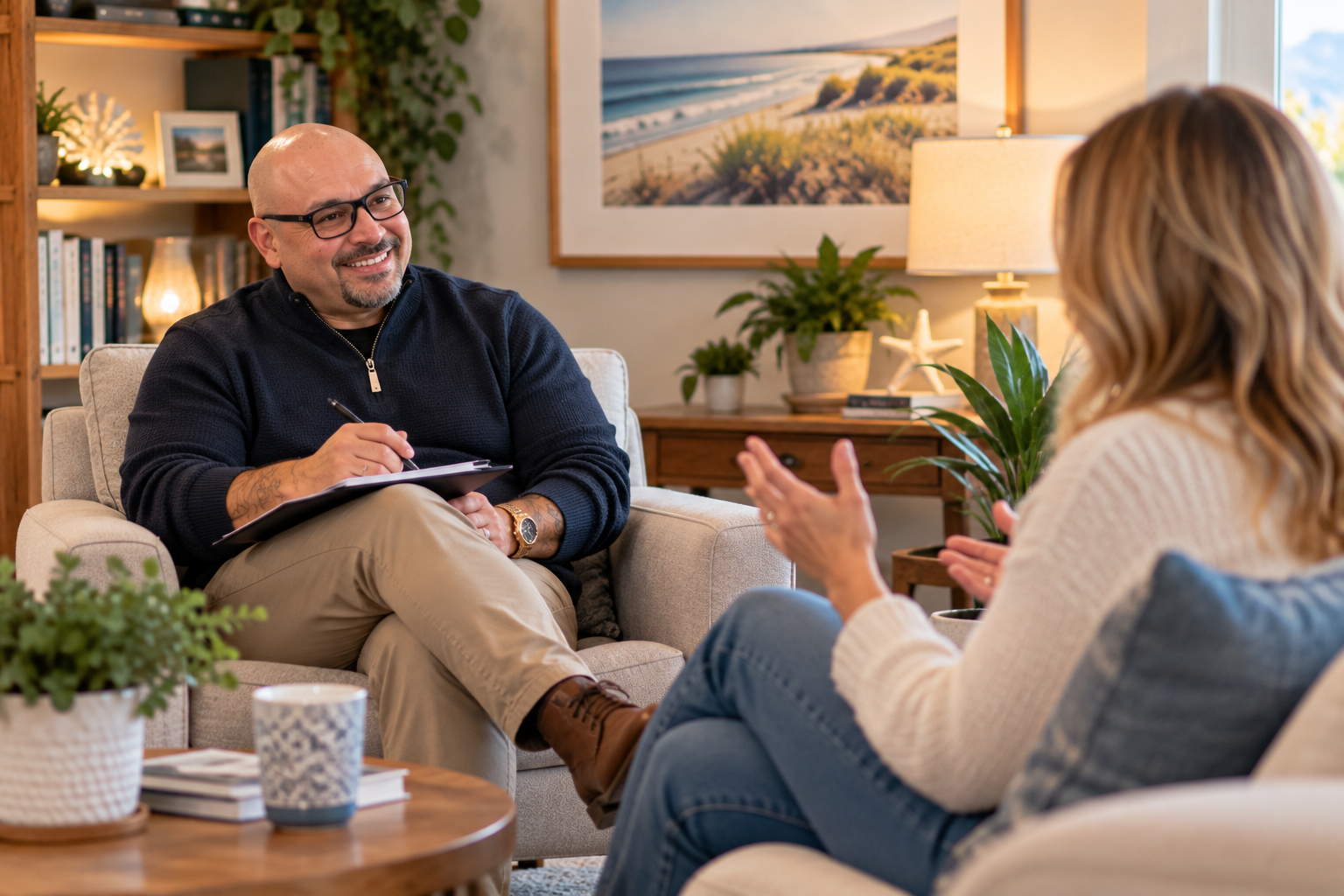 Therapist taking notes while talking with a woman in a cozy counseling office