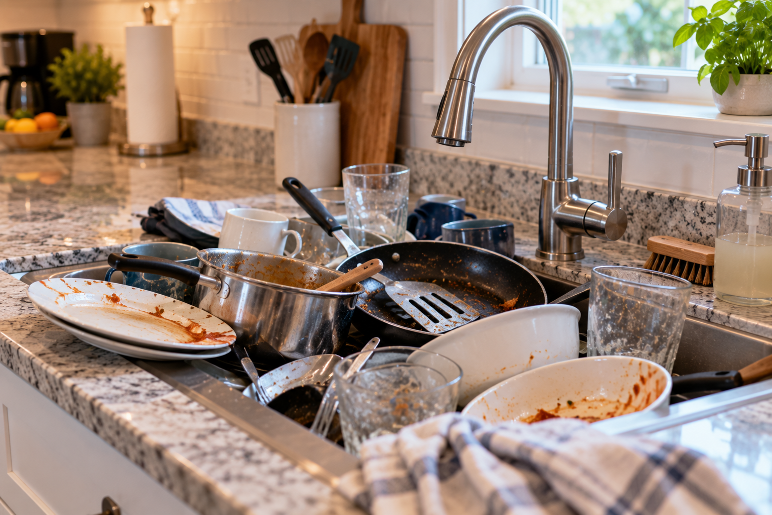 Dirty dishes piled in a kitchen sink representing recurring arguments and communication problems addressed in couples counseling in Plymouth, MA