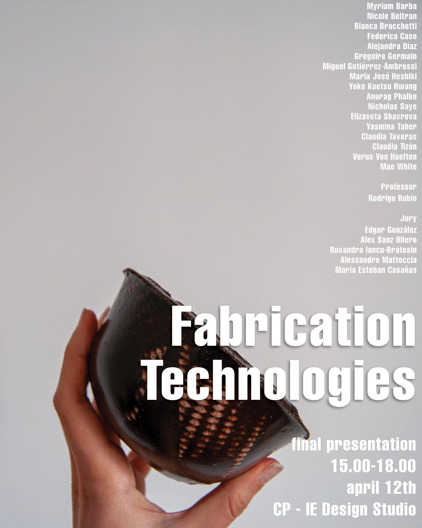 Fabrication Technologies @iearchdesign 
Yesterday's waste, tomorrow's tech
A research into circular economy and codesign practices from the scope of distributed fabrication
-
Prof. Rodrigo Rubio @rodrubq 
Imgs. from projects by Federica Caso, Myriam 