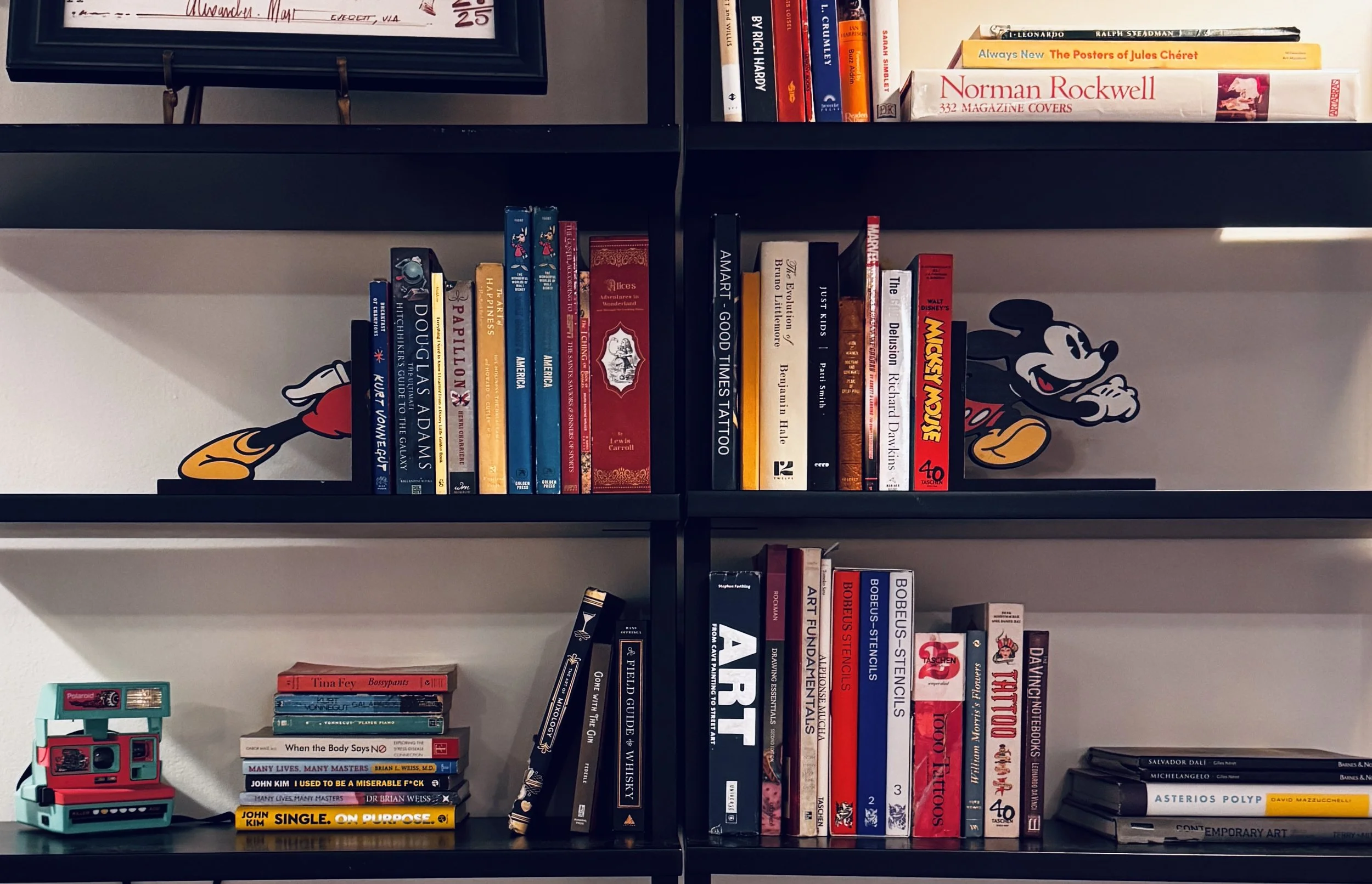 Bookshelves with books, framed artwork, Mickey Mouse figures, and a small camera toy on a black shelf.