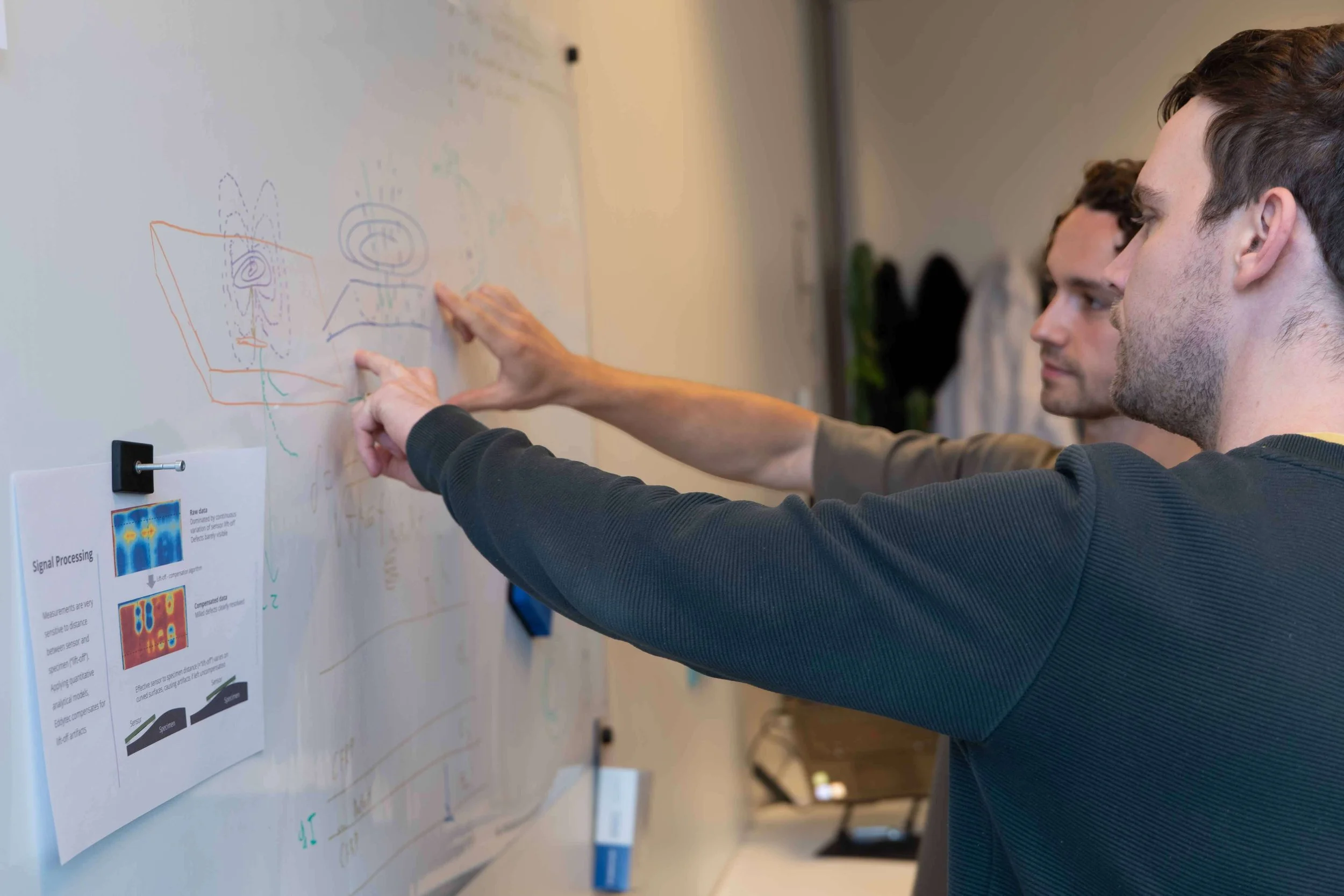 Eddytec staff working on design perameters of non-destructive carbon testing equipment
