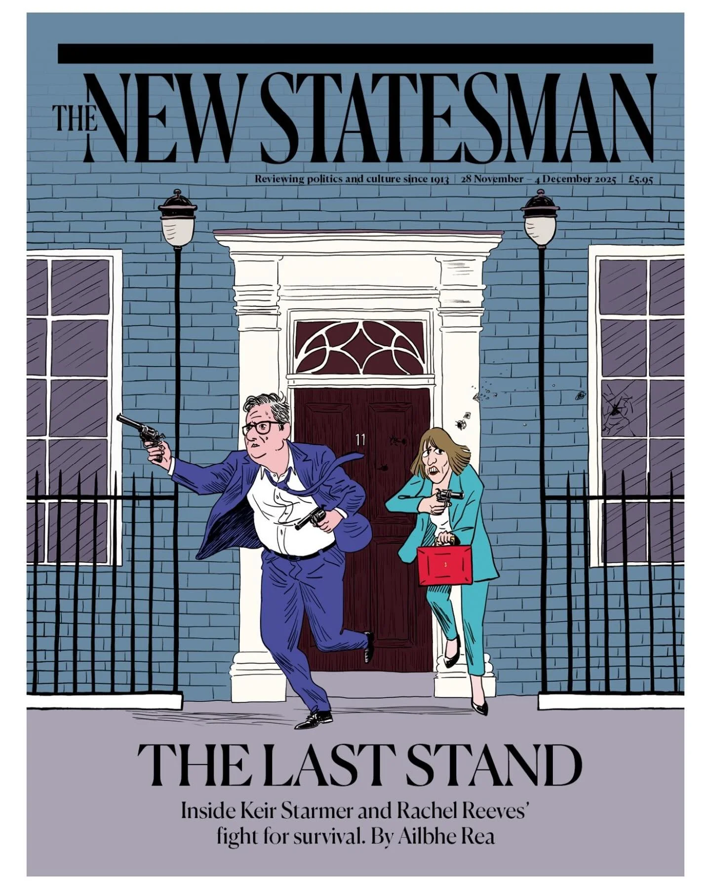 This week&rsquo;s @newstatesman cover illustrated by @javi_aznarez has Keir Starmer @keirstarmer and Rachel Reeves @rachelreevesmp storming out of No.10 like Butch Cassidy and the Sundance Kid &mdash; guns blazing, budgets flying.

Labour defending t