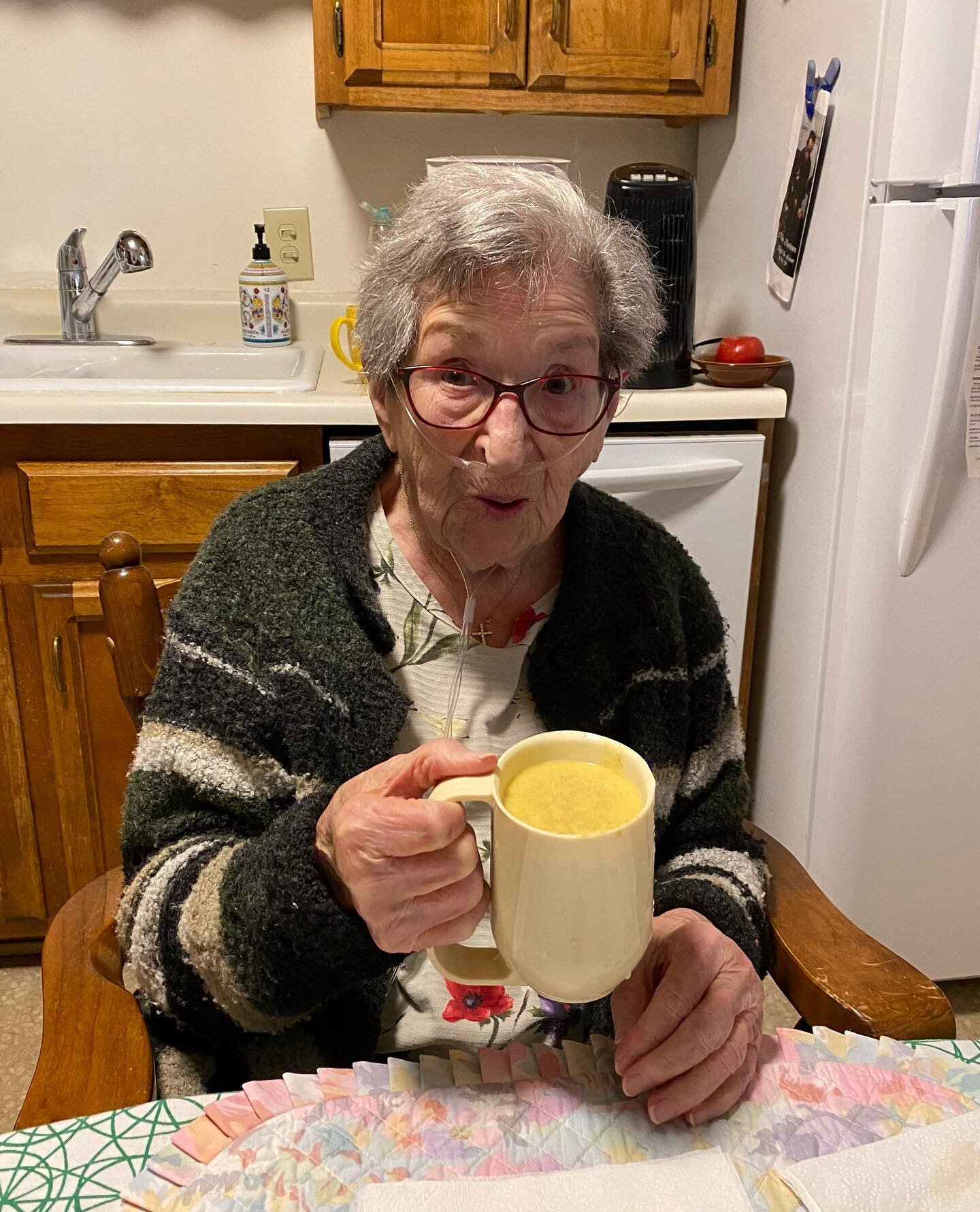 No beer tonight for this cutie, but she loves to drink her soup!! She&rsquo;s still plugging along ❤️