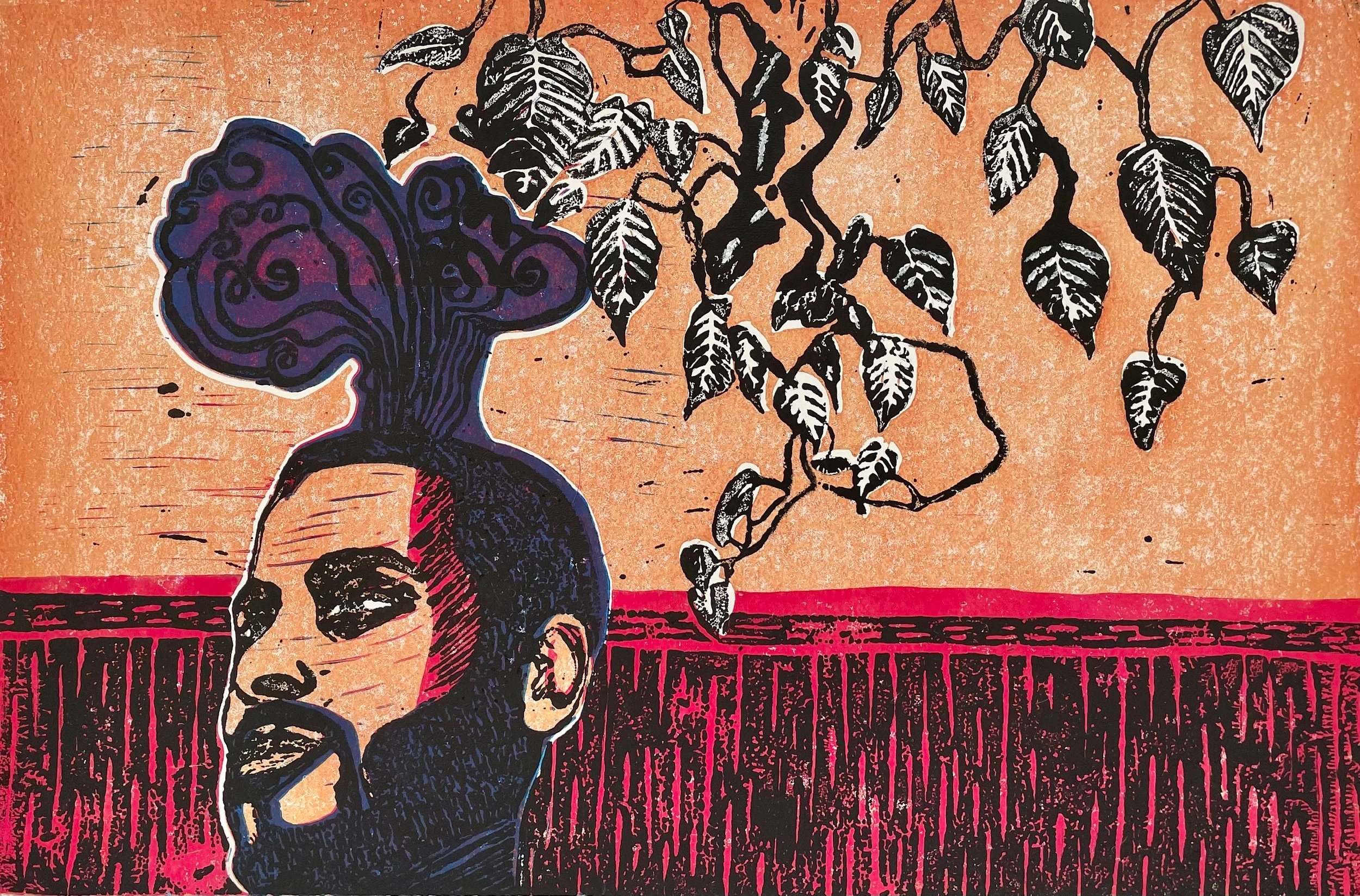 LET'S REFLECT
This particular piece is a portrait design that demonstrates a carving technique in which obtains the nature of relief printing. This specific piece captures a person reflecting deeply represented in the overlap of blue tone to signify 